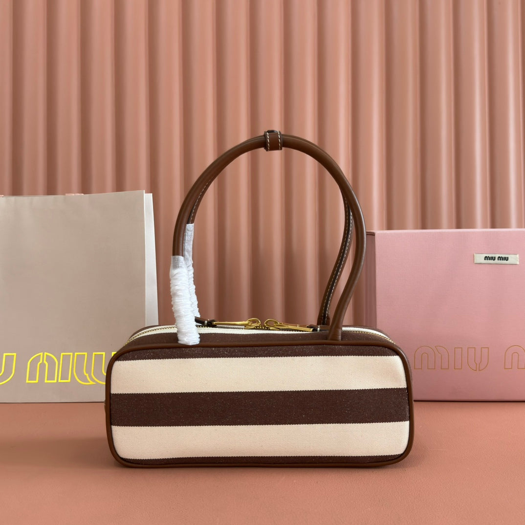 Miu Beau Small Bag 28cm Soft Beige Mix Brown Cotton Cowhide 257958