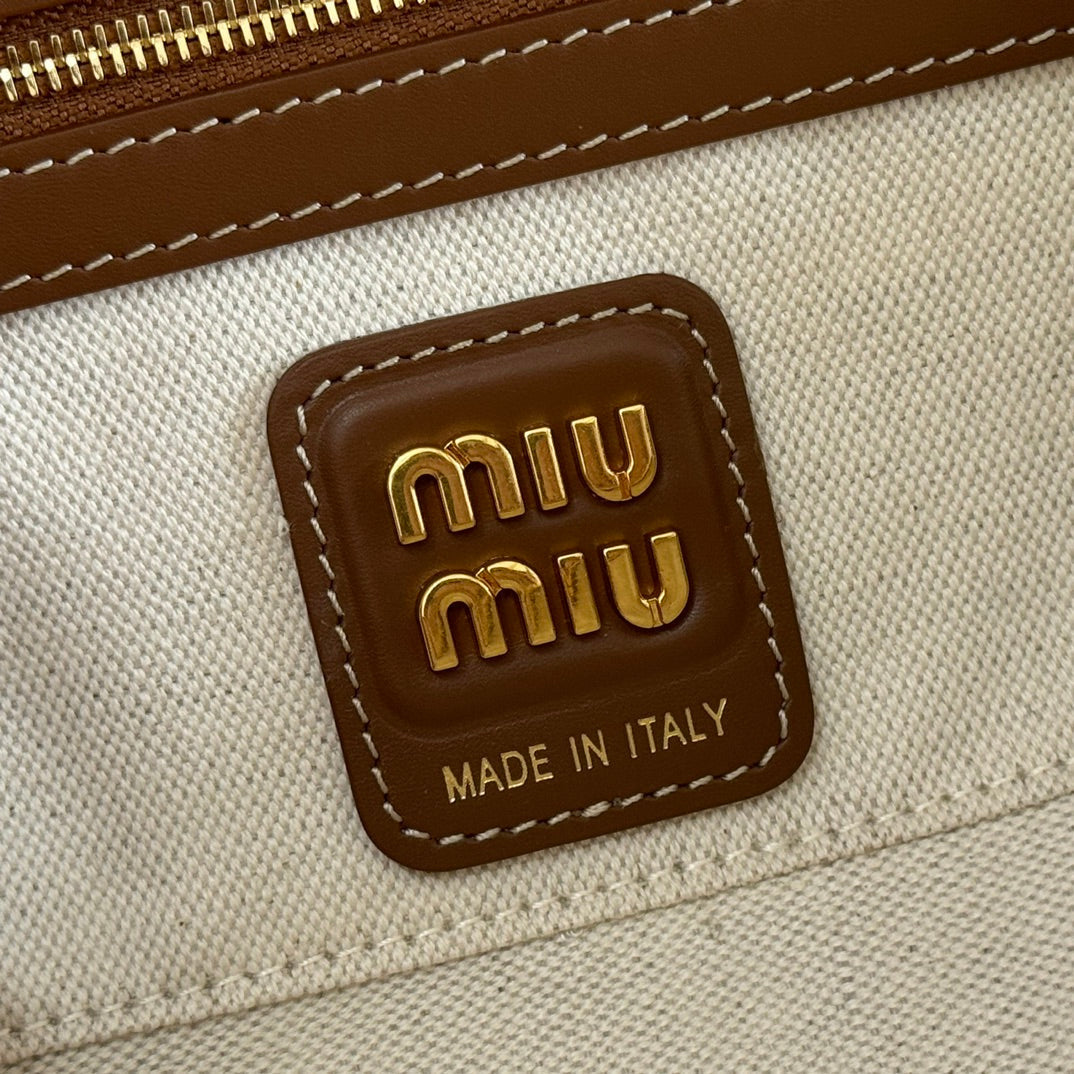 Miu Beau Small Bag 28cm Soft Beige Cotton Brown Cowhide 257964