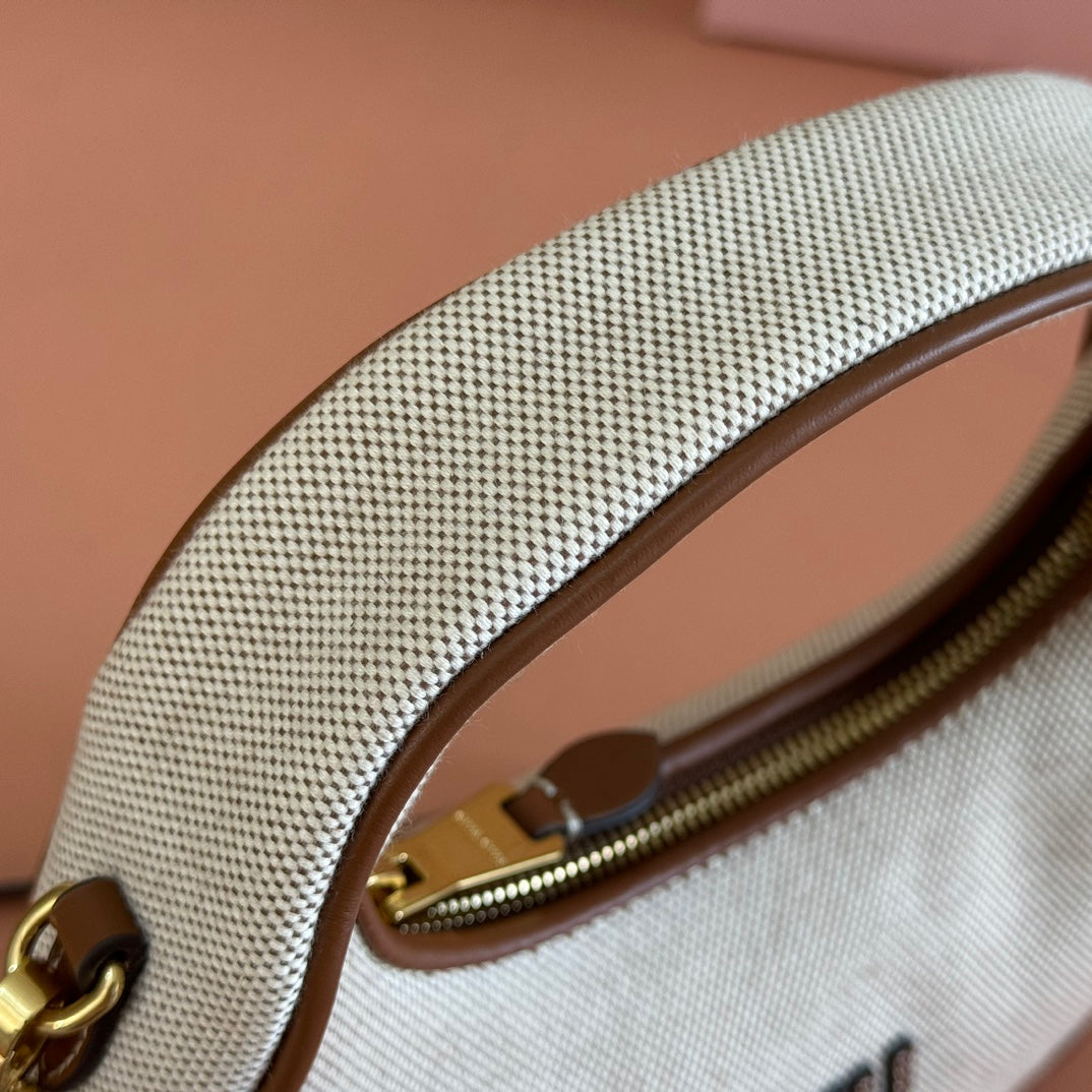 Miu Wander Tote Bag 20cm Soft Beige Cotton Brown Cowhide 257967