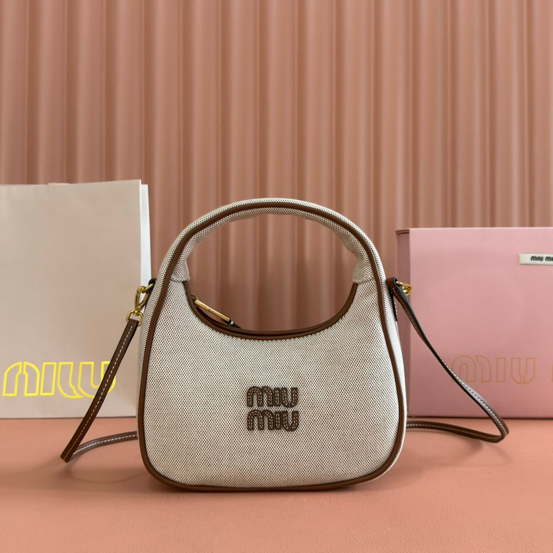 Miu Wander Tote Bag 20cm Soft Beige Cotton Brown Cowhide 257967