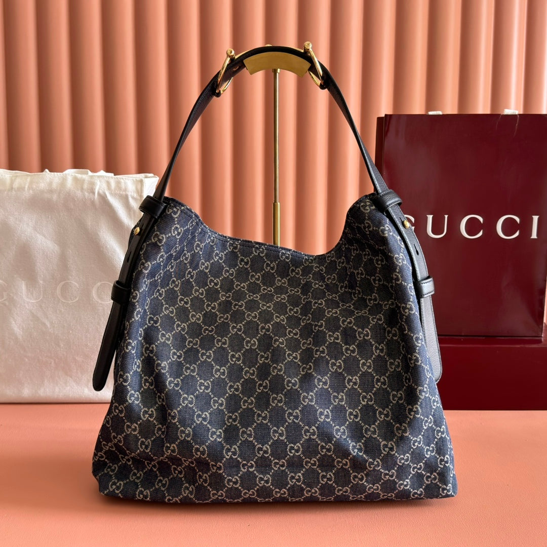 GG Beatrix Large Tote Bag Beige & Dark Blue GG Monogram Fabric Monogram Fabric