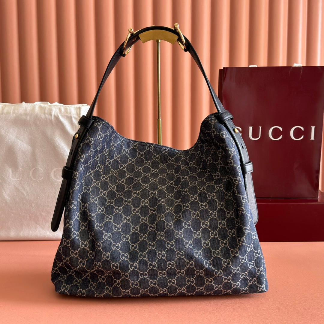GG Beatrix Large Tote Bag Beige & Dark Blue GG Monogram Fabric Monogram Fabric
