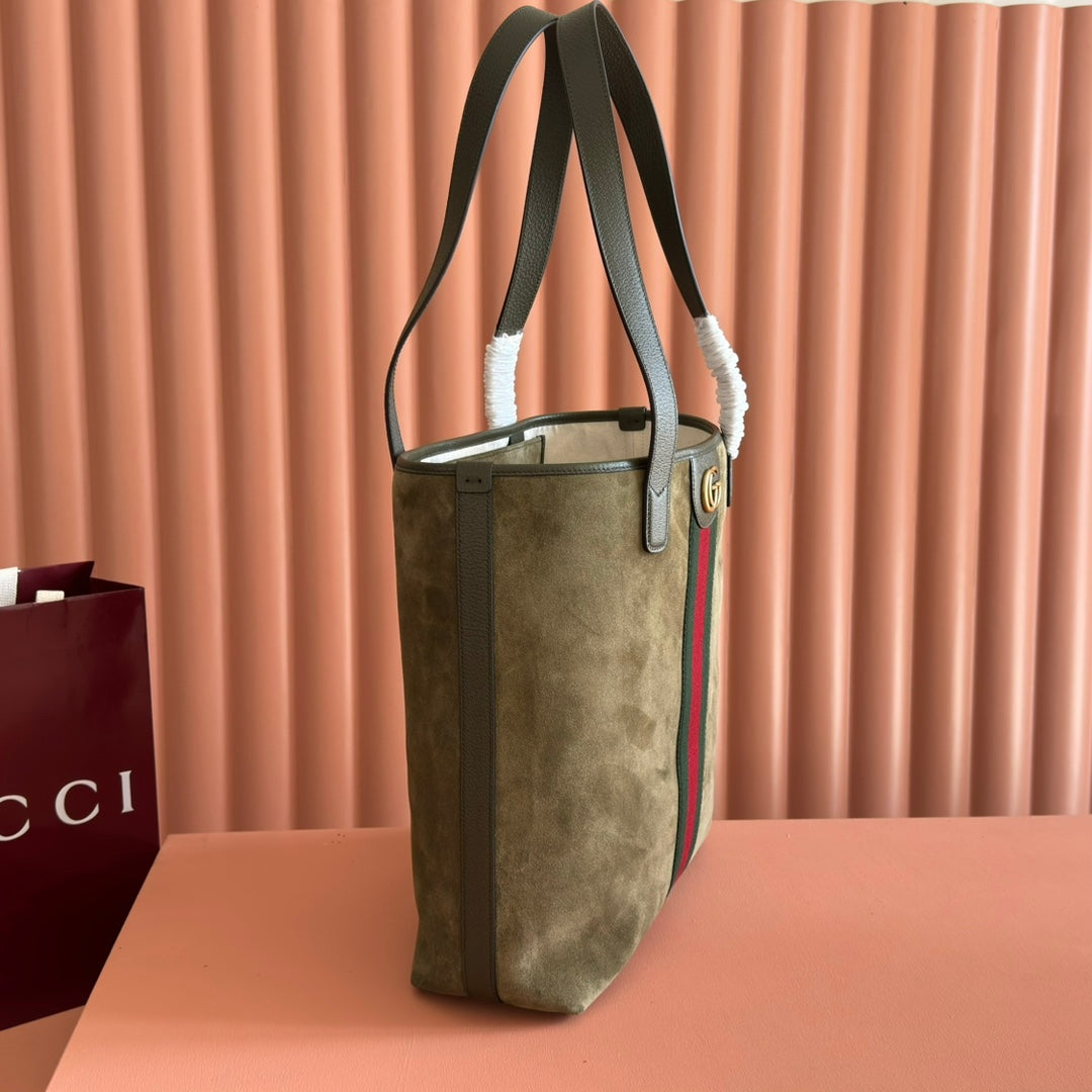 GG FW25 Ophidia Large Tote Bag 30 Dark Green Suede Cowhide