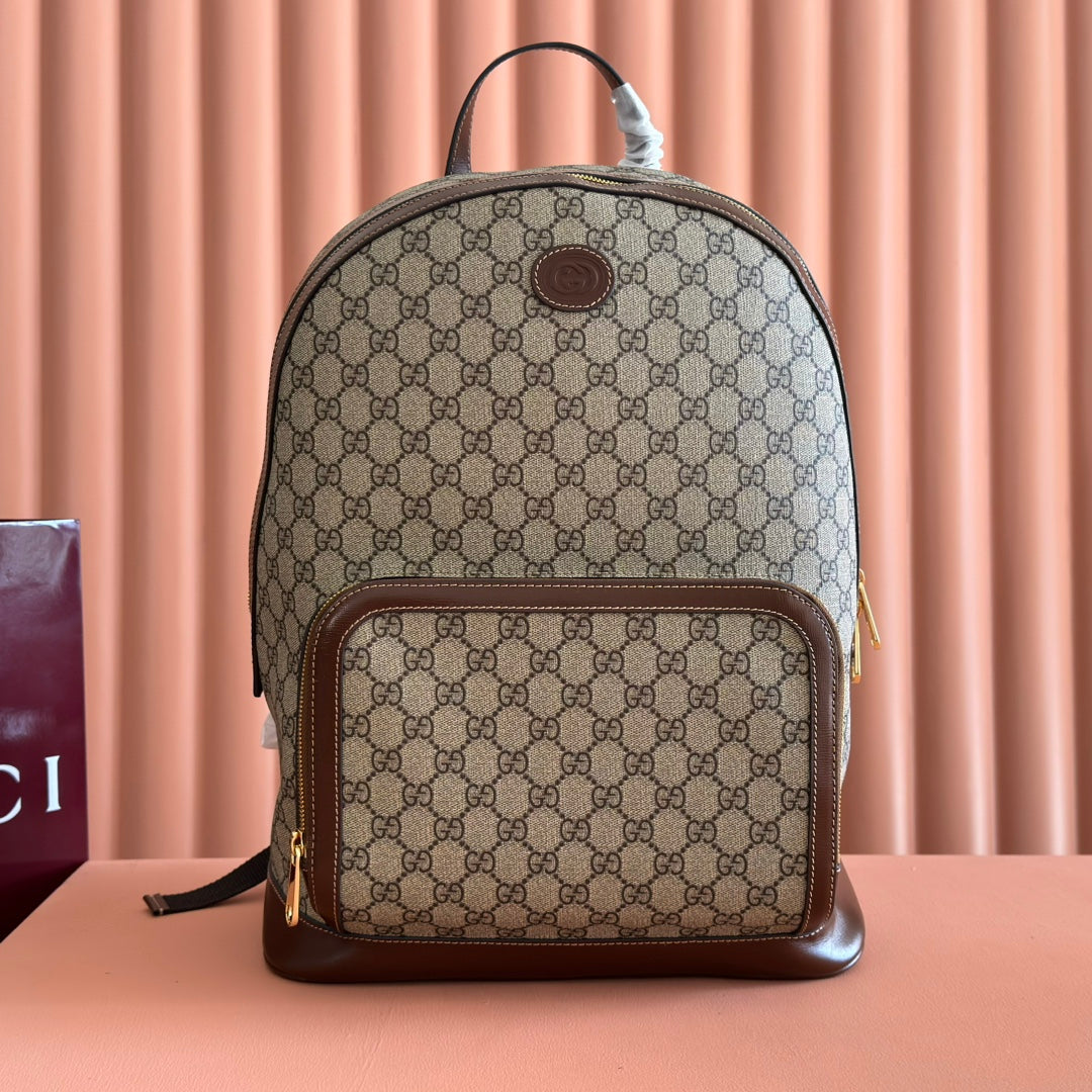 Gucci Interlocking G Backpack in Brown Beige GG Supreme Canvas Leather 273684
