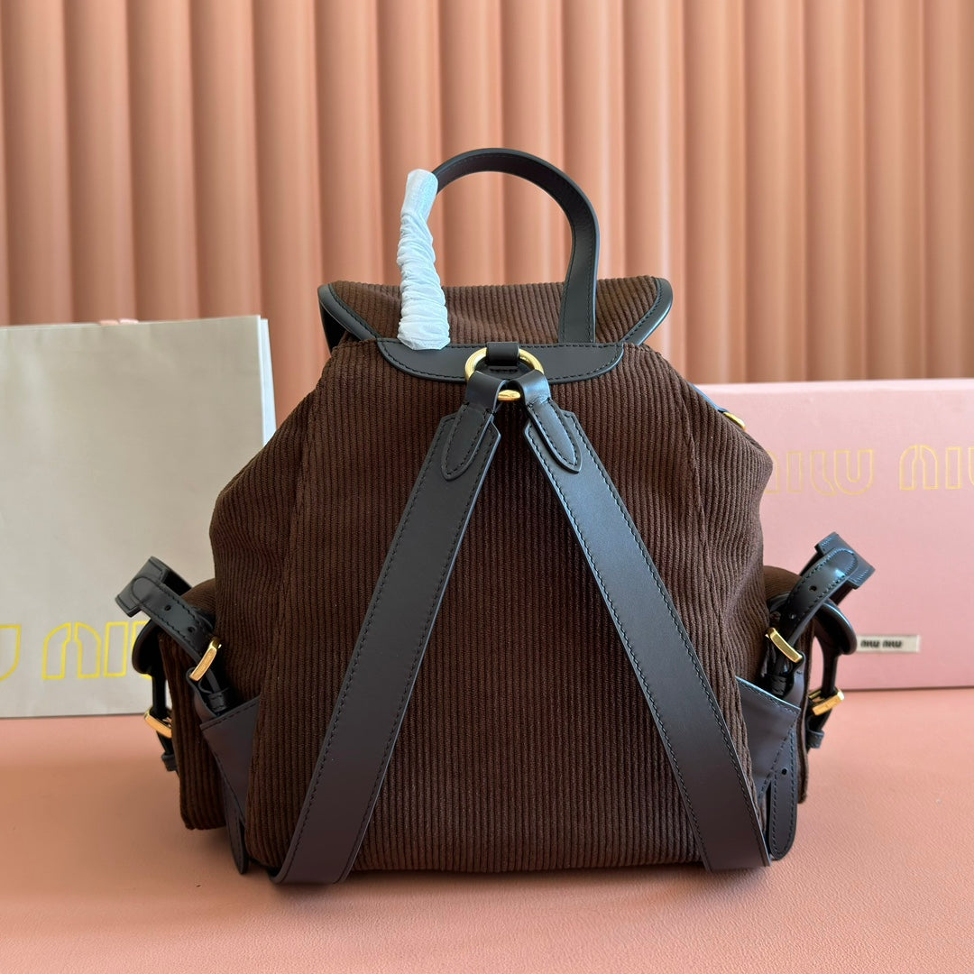 Miu Medium Corduroy Backpack Dark Brown Leather-Trim