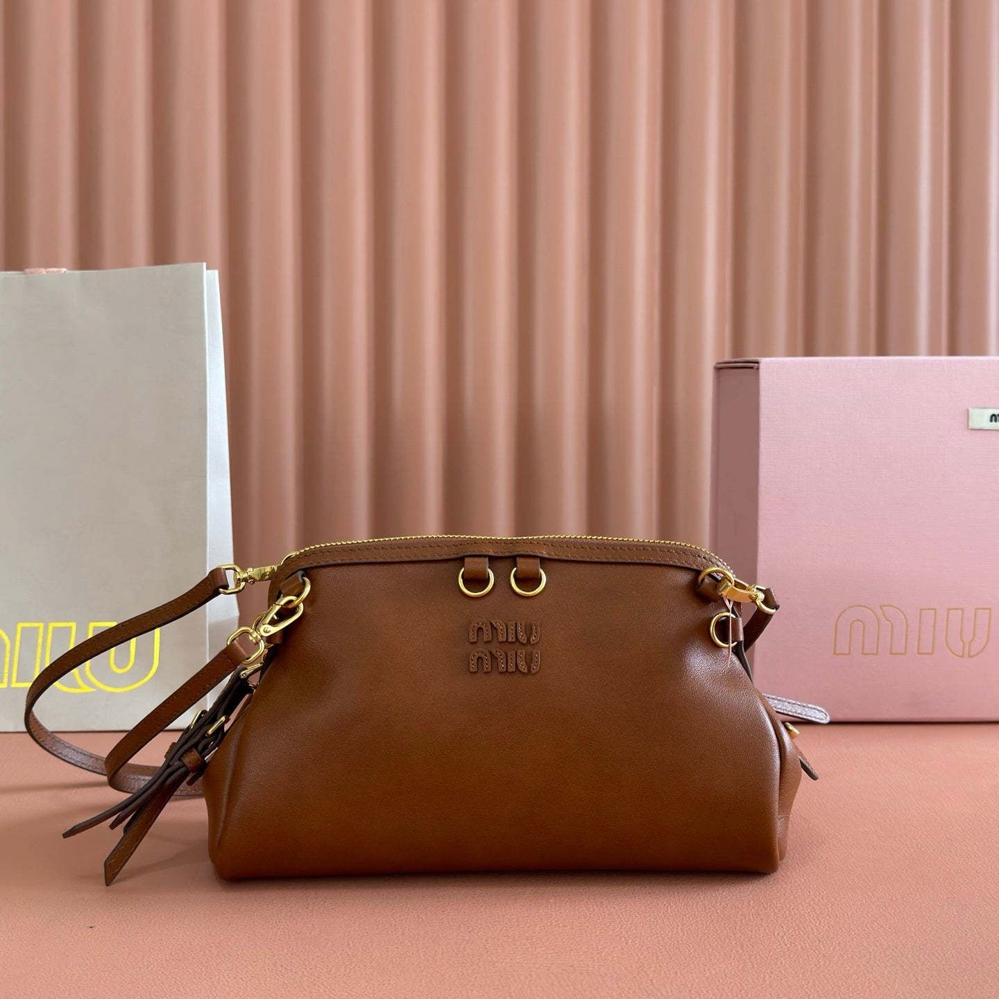 Miu Caprice Clutch Camel Leather 280752