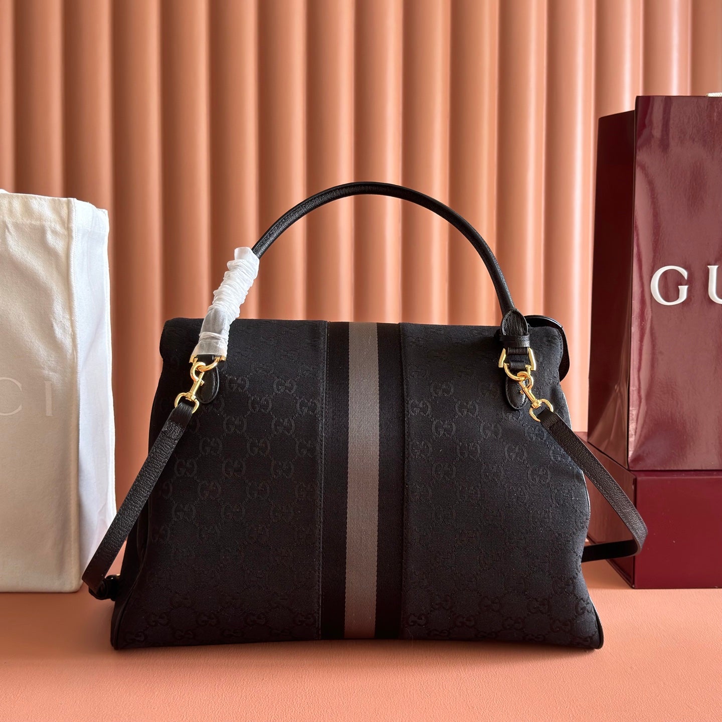 GG Paparazzo Large Top Handle Bag Black Canvas 292656