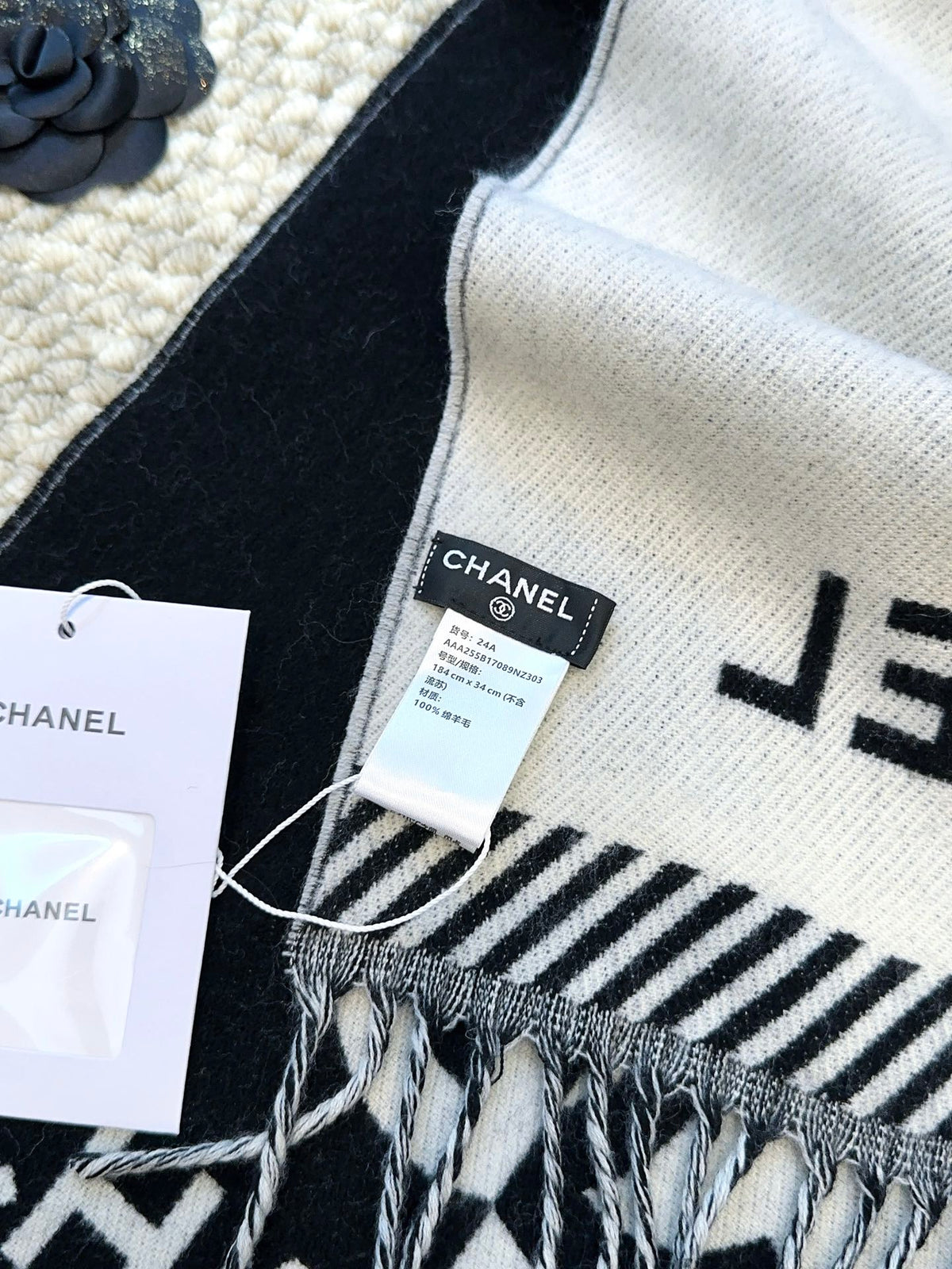 Scarf 184 Cm In Black Mix White Merino Wool 393120