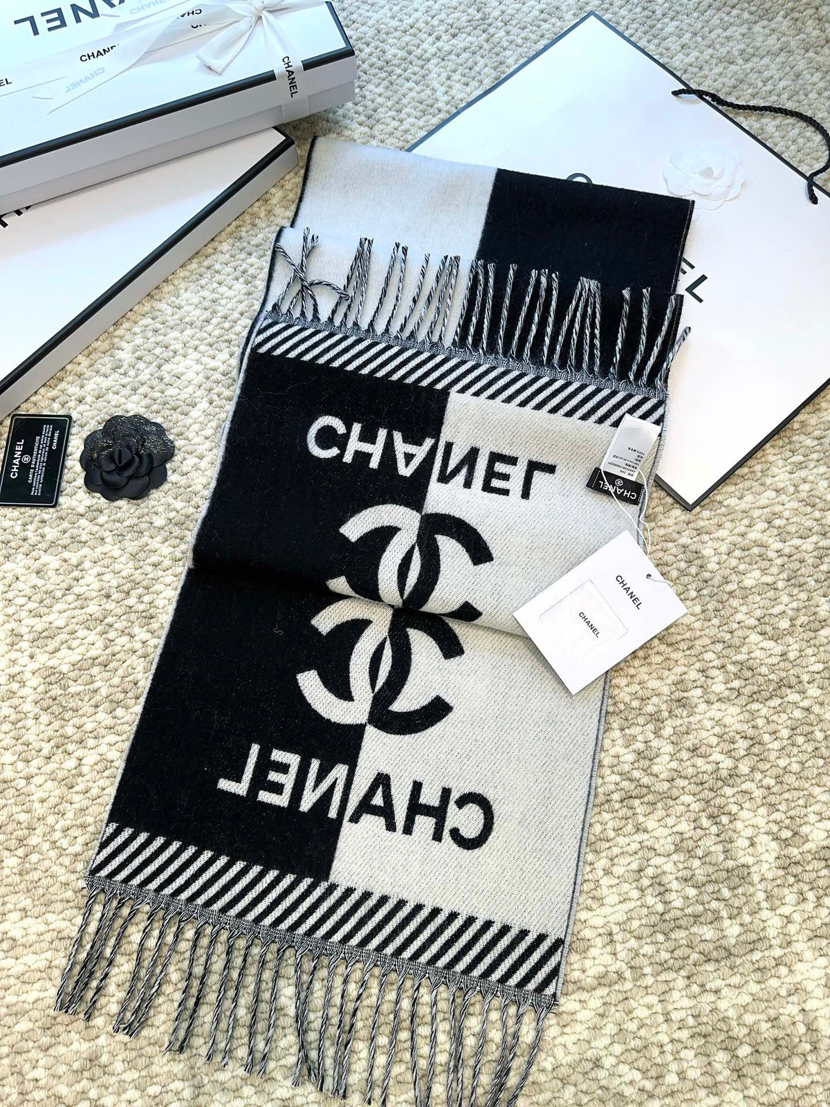 Scarf 184 Cm In Black Mix White Merino Wool 393120