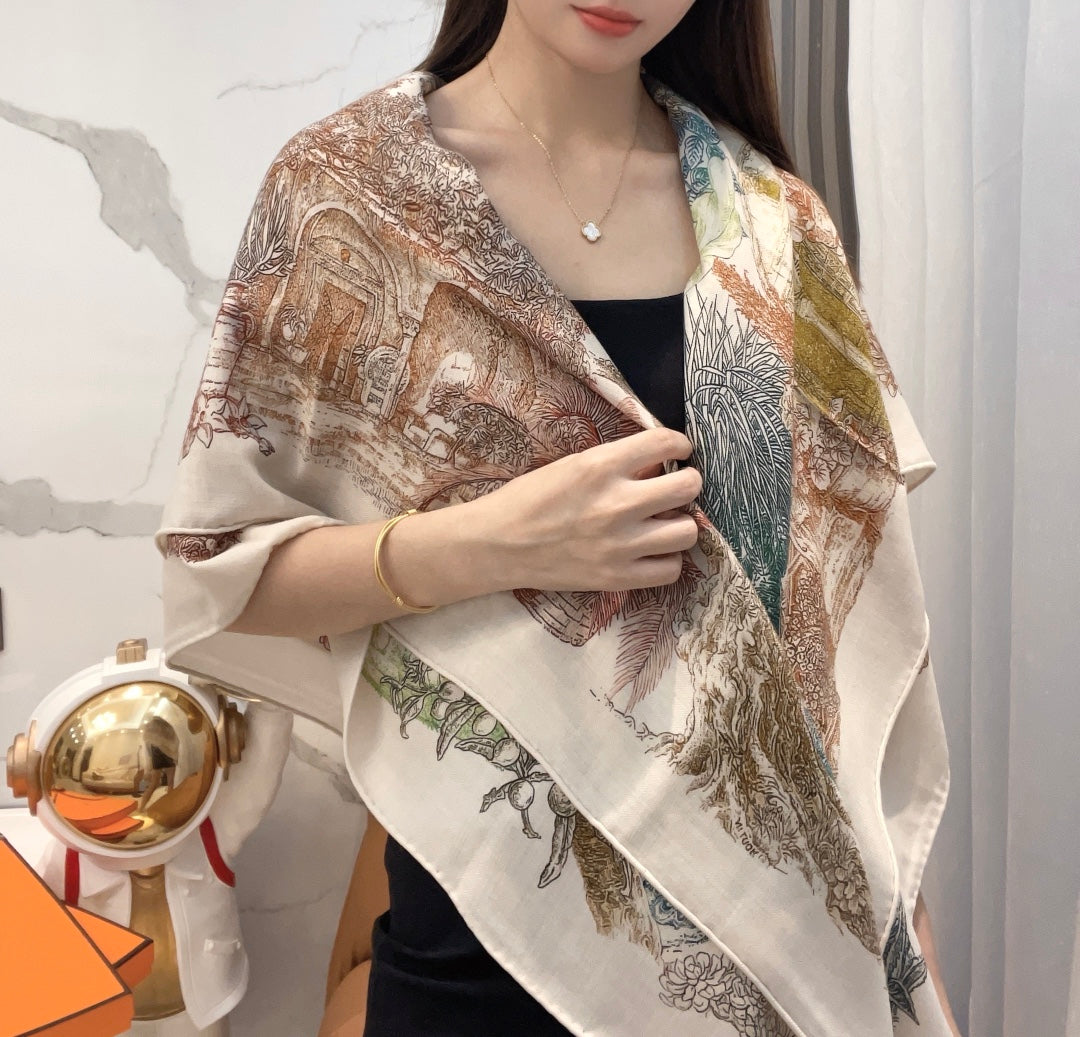 Scarf 140 CM Brown Colorful Cashmere And Silk 394551