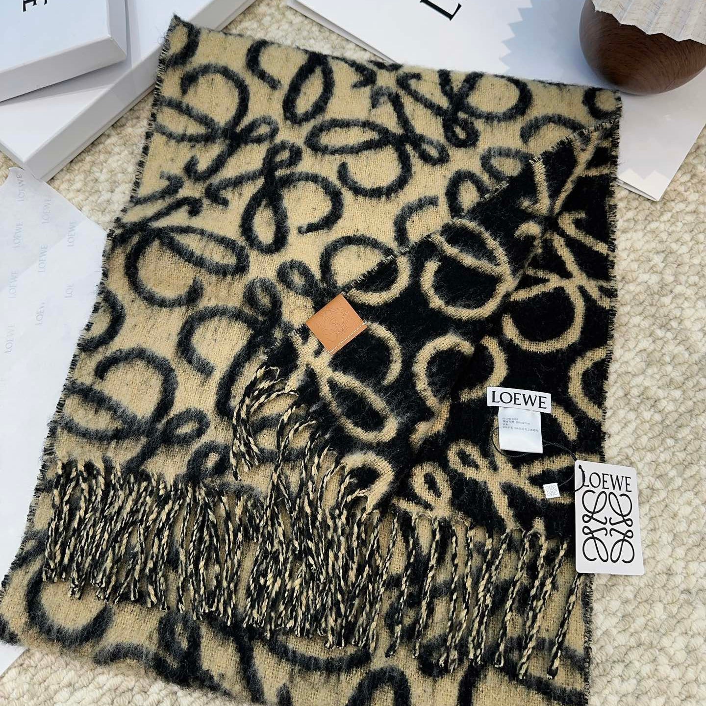 Loewe Scarf 186CM Black Beige Wool Cashmere 968582