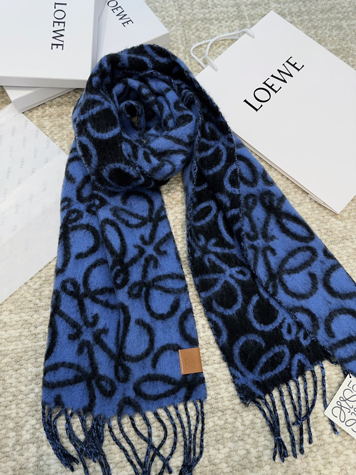 Loewe Scarf 186CM Dark Blue Black Wool Cashmere 968583