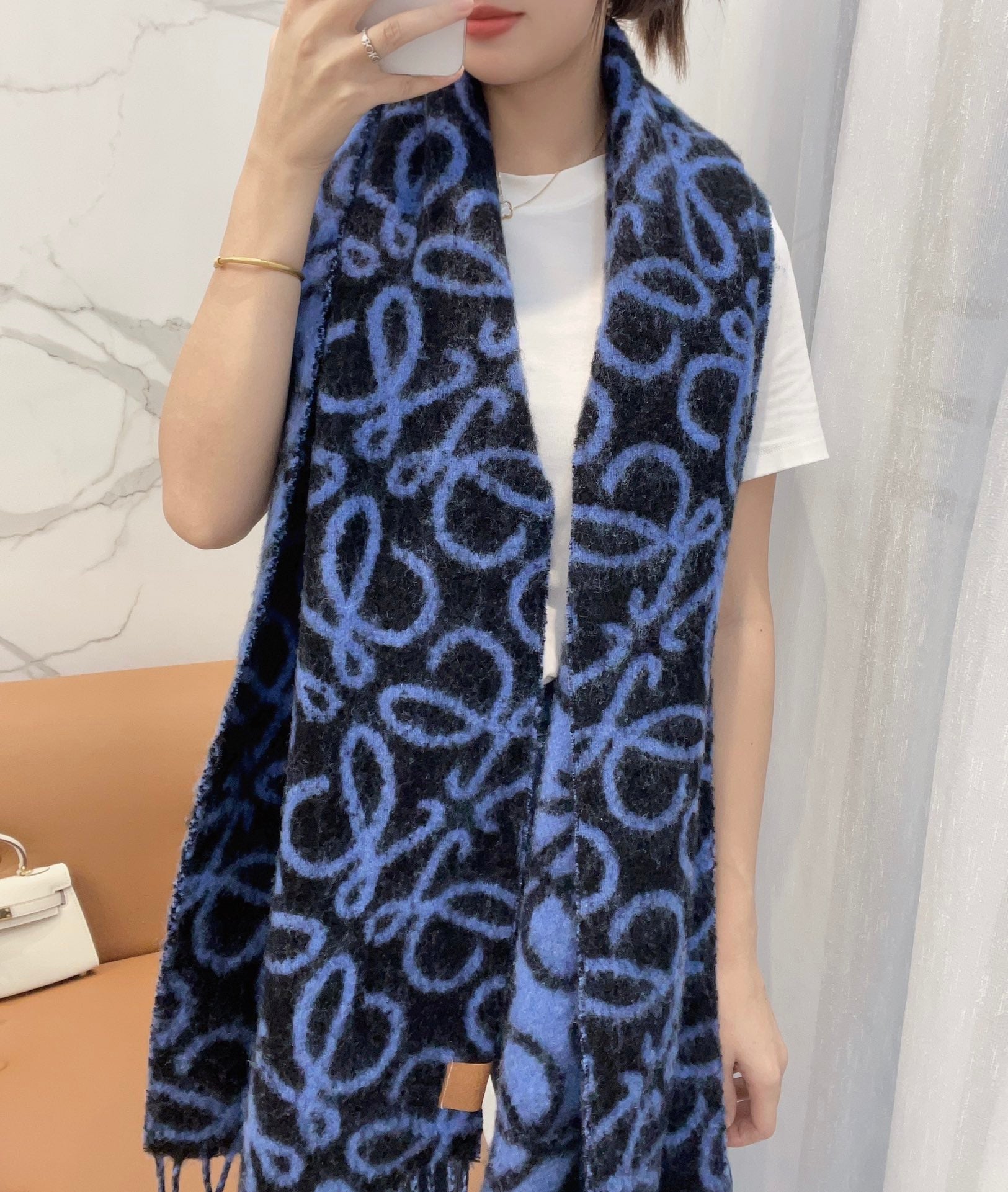 Loewe Scarf 186CM Dark Blue Black Wool Cashmere 968583
