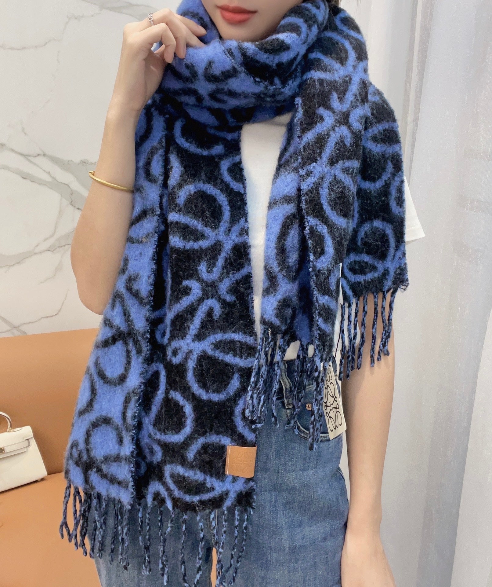 Loewe Scarf 186CM Dark Blue Black Wool Cashmere 968583