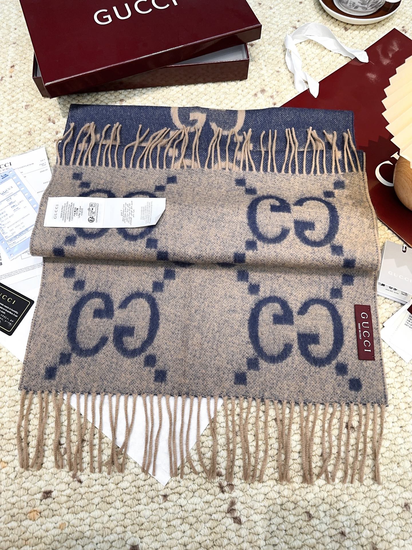 GG Double G Jacquard Scarf 200CM Blue Beige Wool 282792