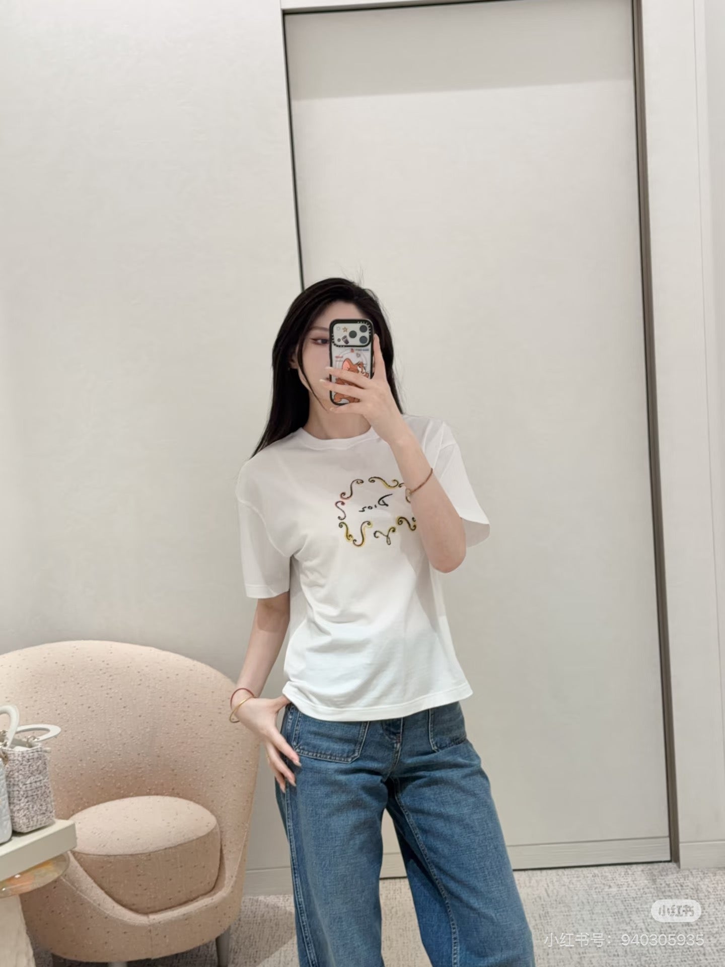 CD Embroidered Beaded Letter T-Shirt White Cotton 394289