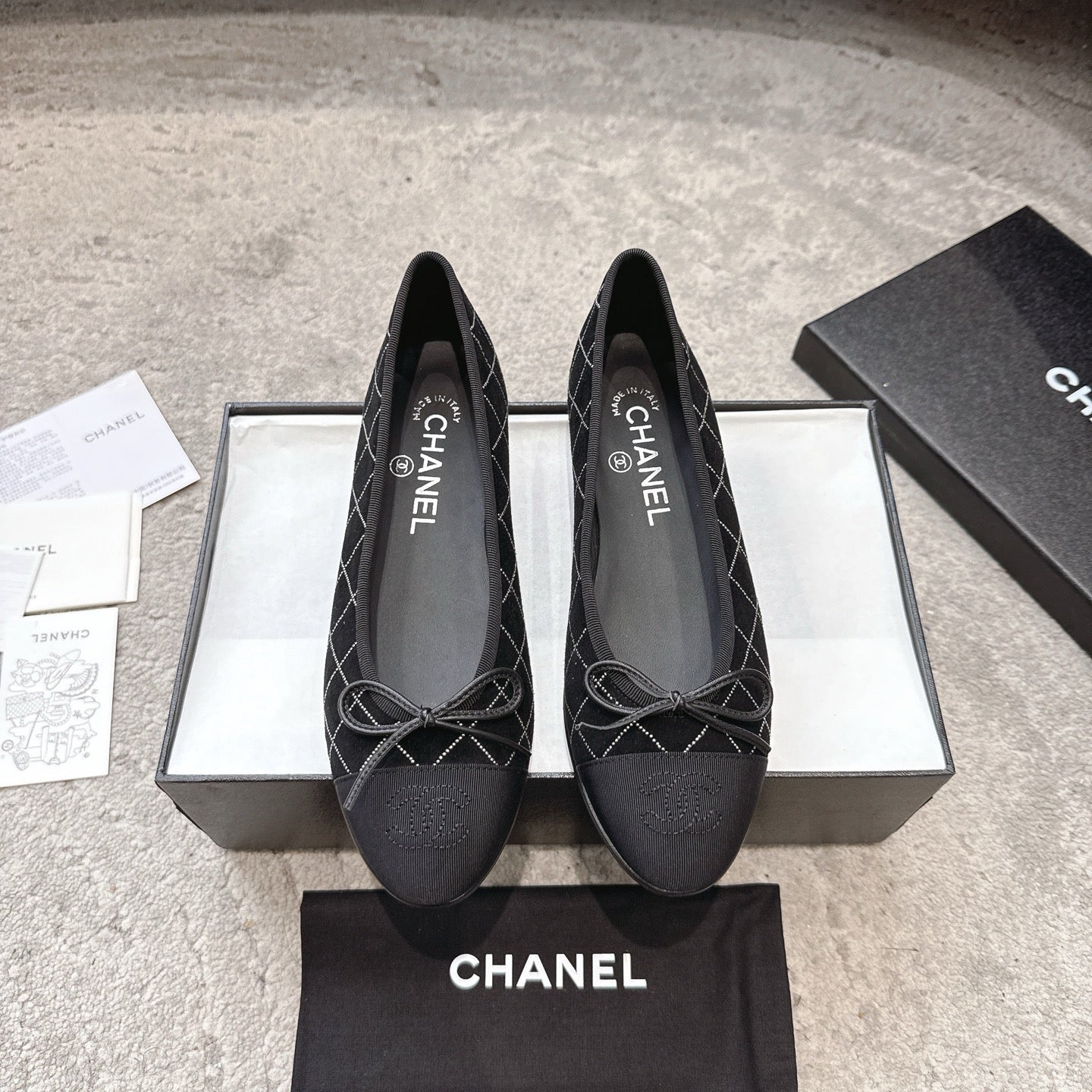 CC Ballet Flats Small Bow Black Quilted Canvas Suede 716399