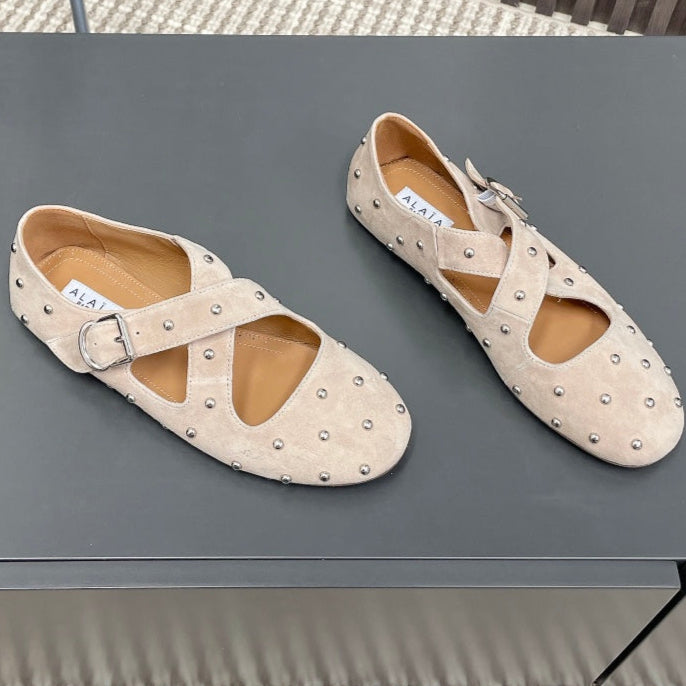 Alaia 2025 Criss Cross With Stud Ballet Flats Nude Suede 293206