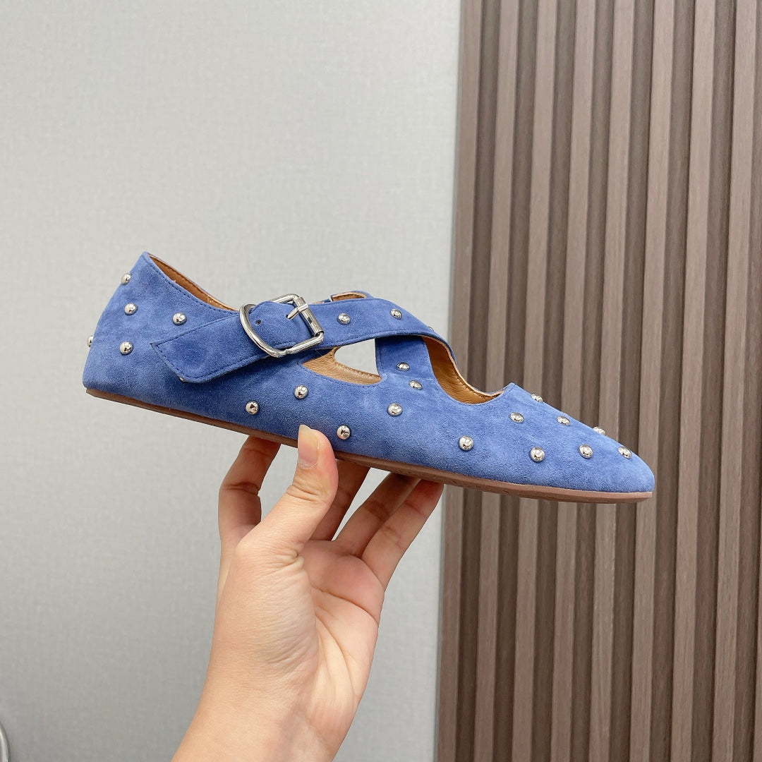 Alaia 2025 Criss Cross With Stud Ballet Flats Royal Blue Suede 293211