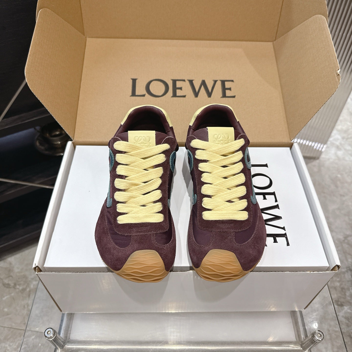 LOEW 26s Ballet Runner 2.0 Burgundy Yellow Suede Sheepskin 683932