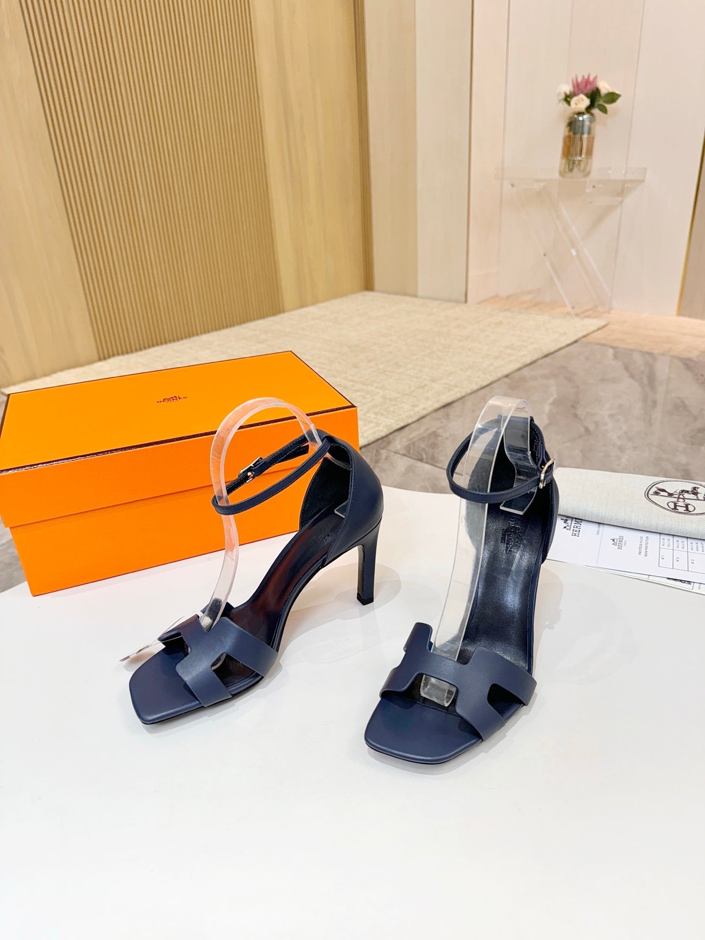 HM 26s H High Heel Sandals 90mm In Navy Blue Calfskin