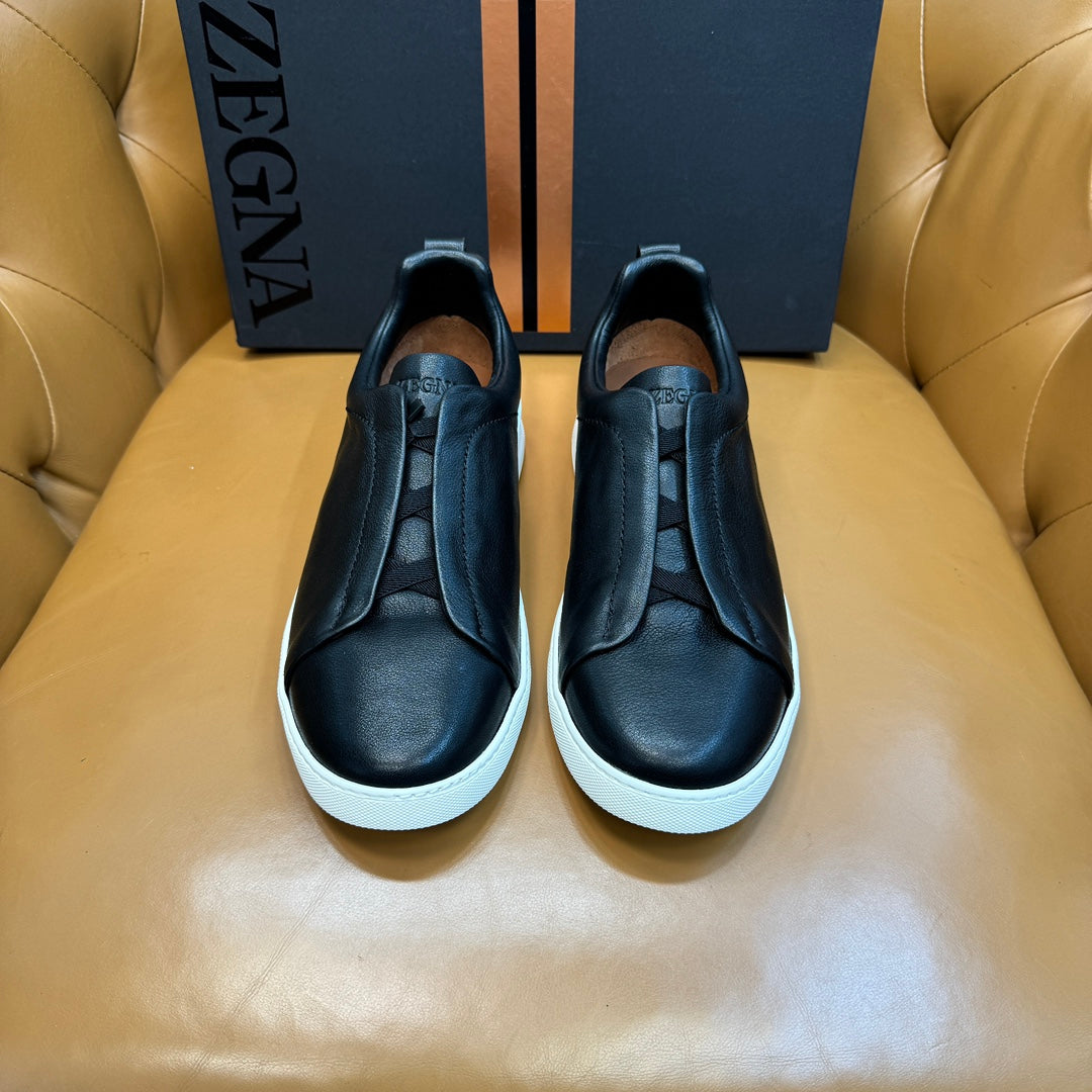 Zegna Men's Triple Stitch Sneakers Black Grain Leather
