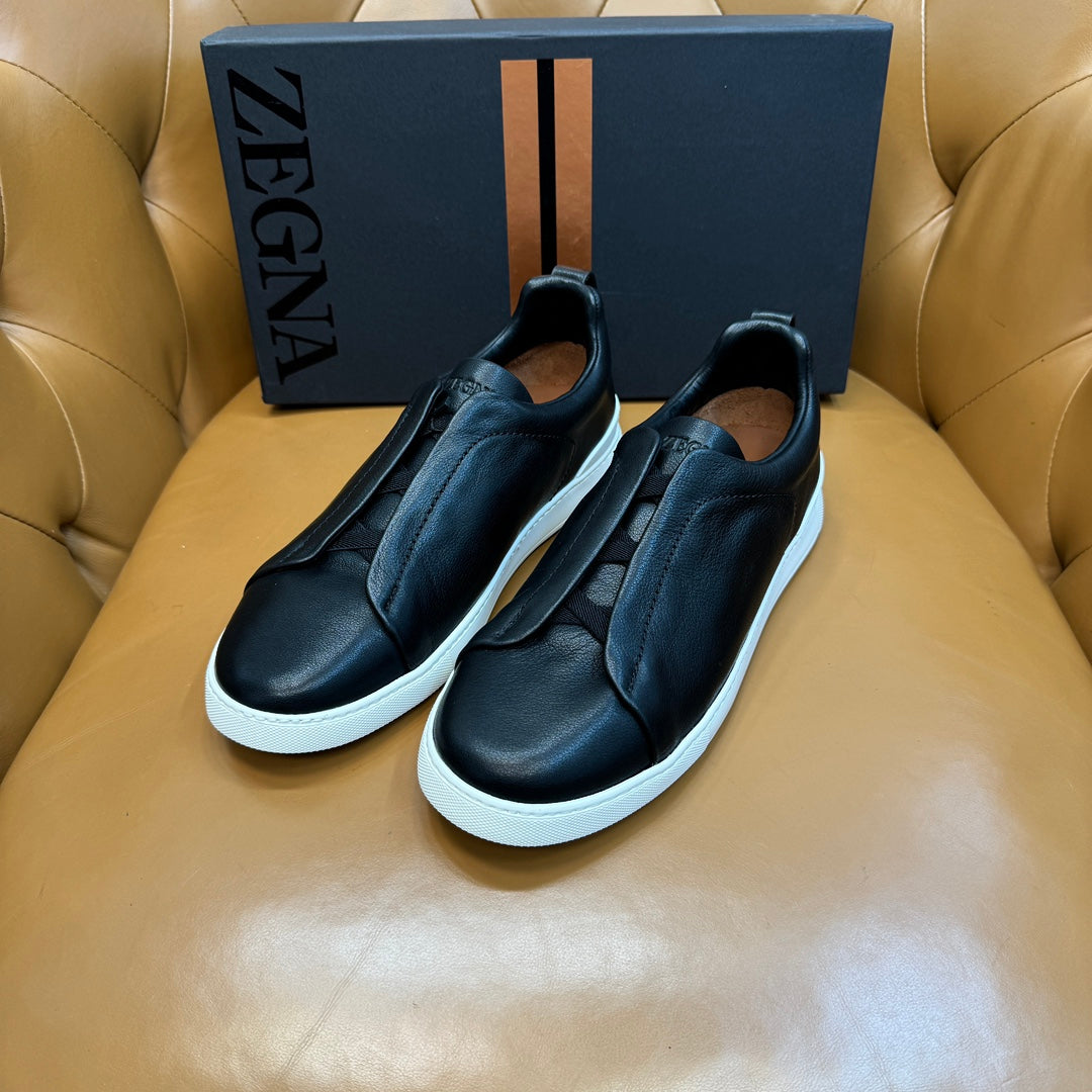 Zegna Men's Triple Stitch Sneakers Black Grain Leather