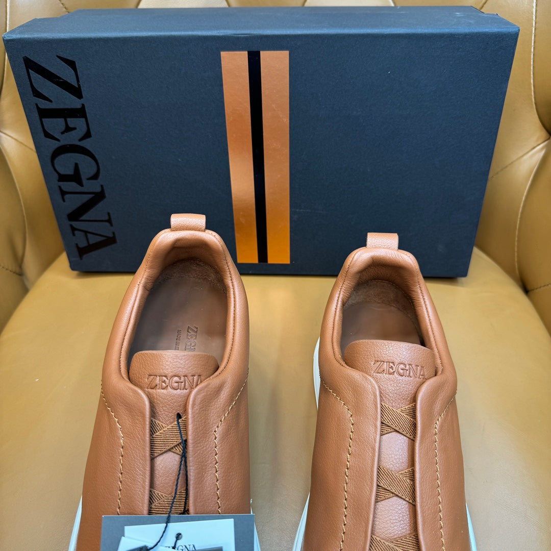 Zegna Men's Triple Stitch Sneakers Tan Grain Leather