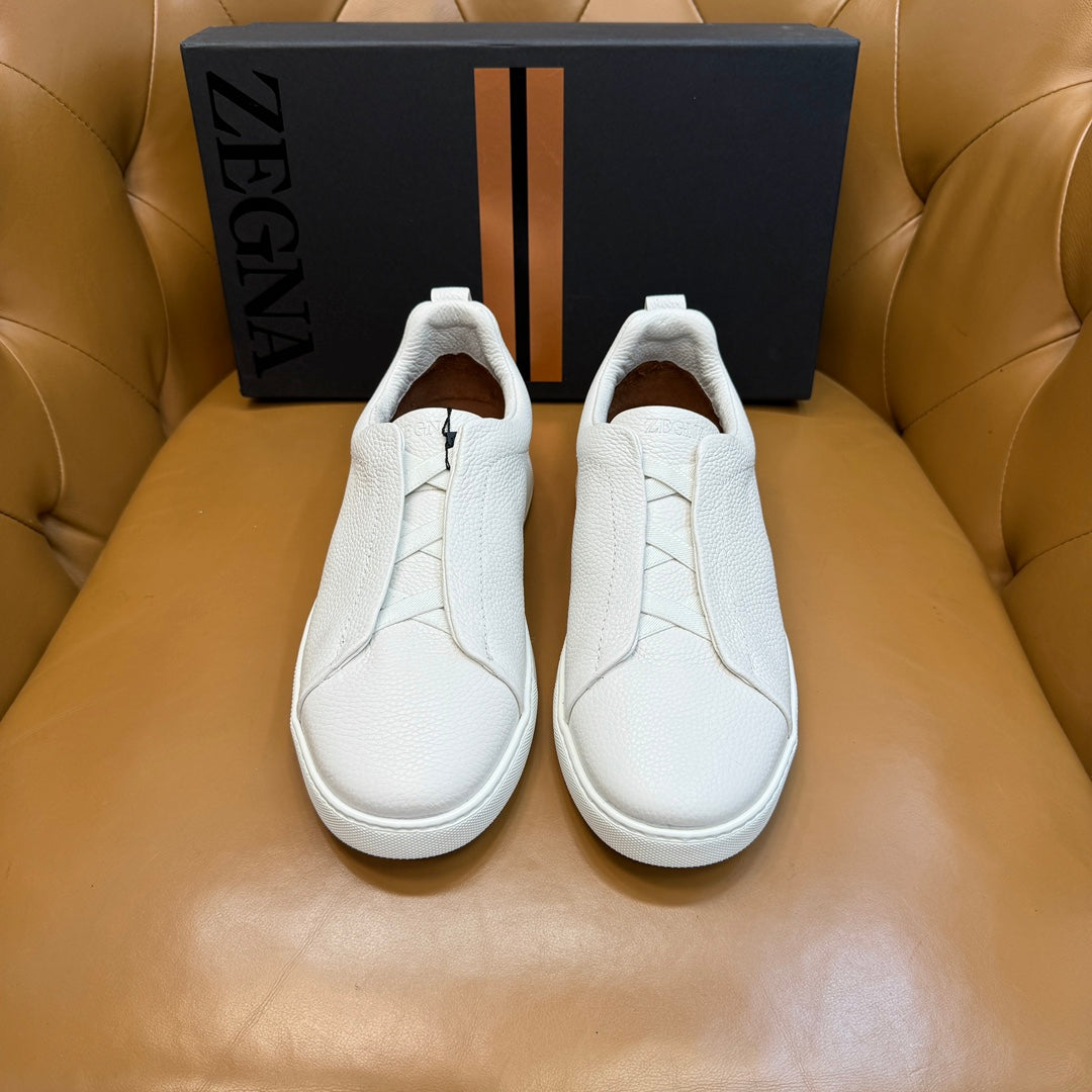 Zegna Men's Triple Stitch Sneakers White Grain Leather