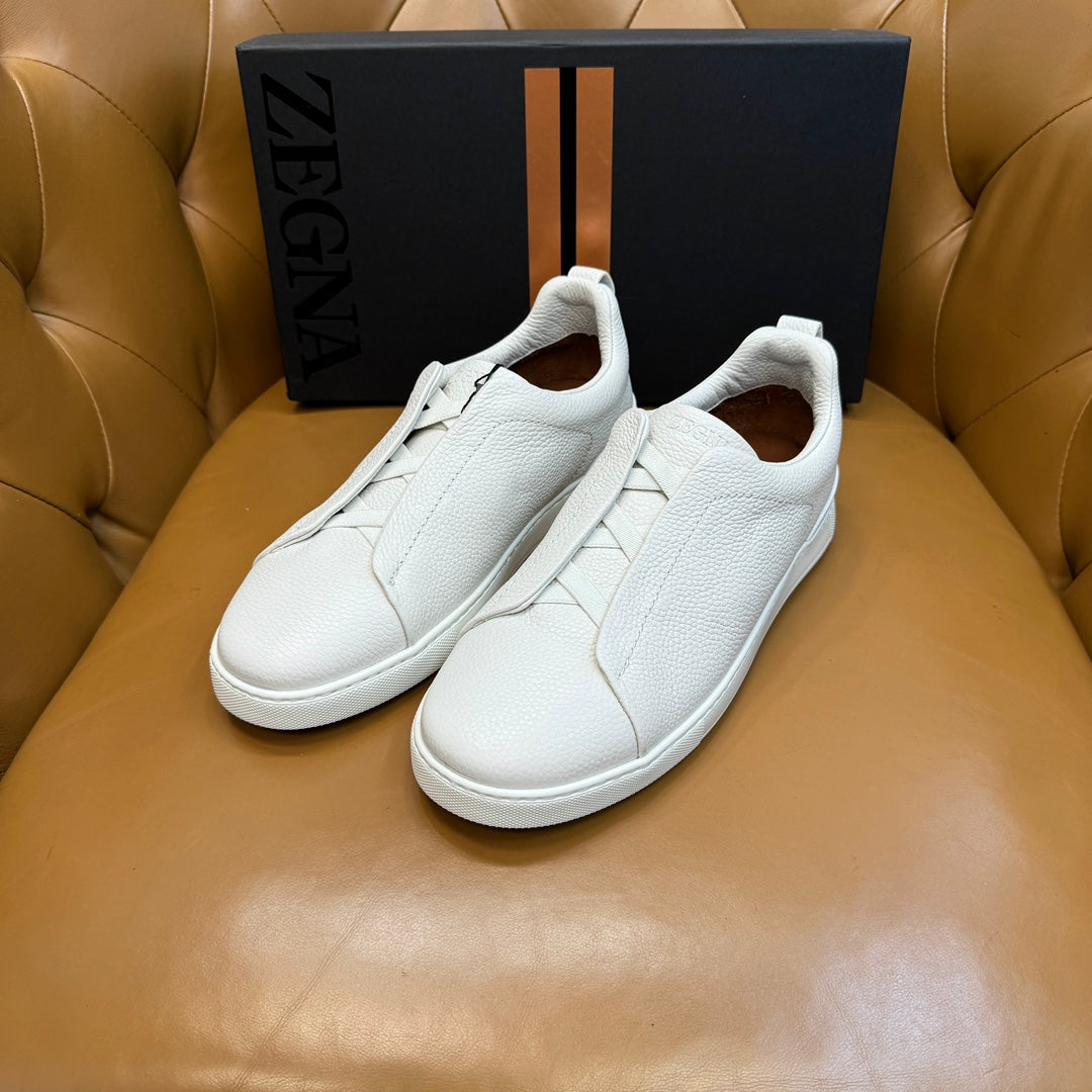 Zegna Men's Triple Stitch Sneakers White Grain Leather