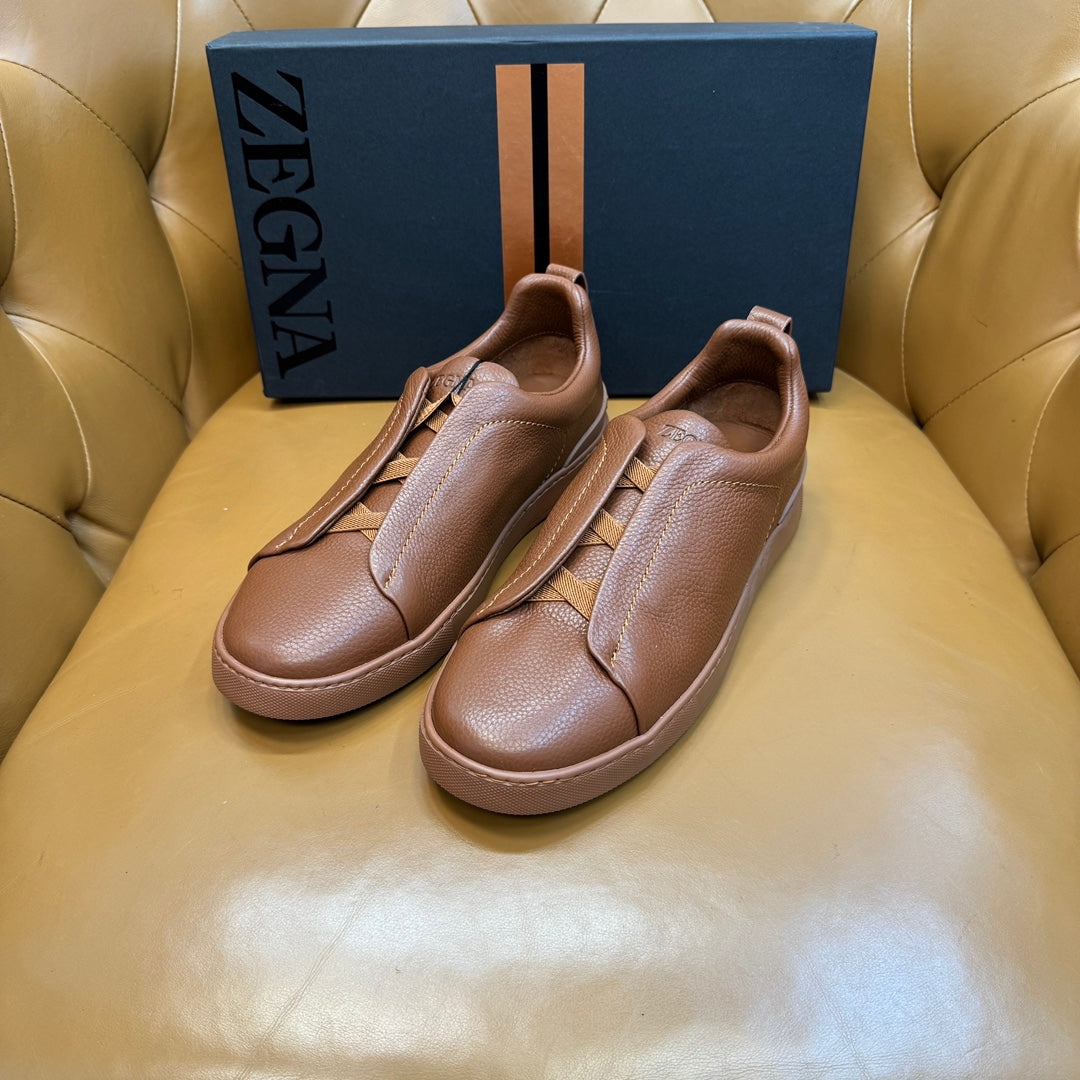 Zegna Men's Triple Stitch Sneakers Full Brown Grain Leather