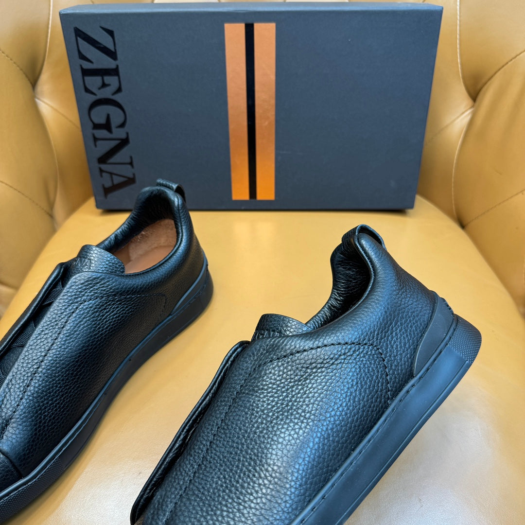 Zegna Men's Triple Stitch Sneakers Full Black Grain Leather
