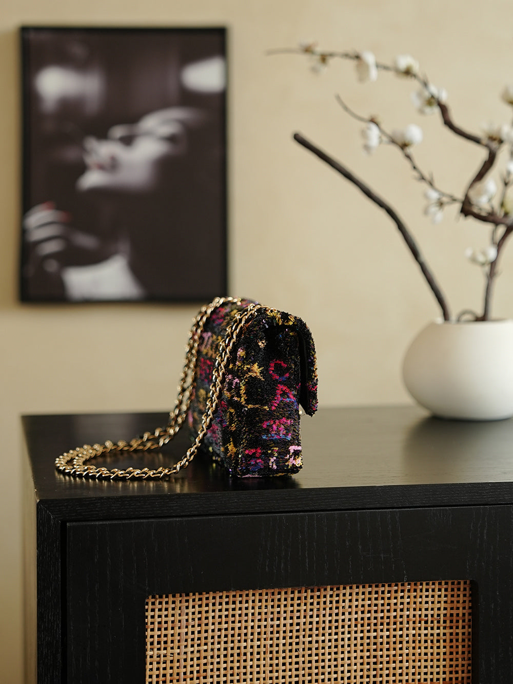 CC 2025 Flap Bag 21cm Black Mix Colors Sequin 308603