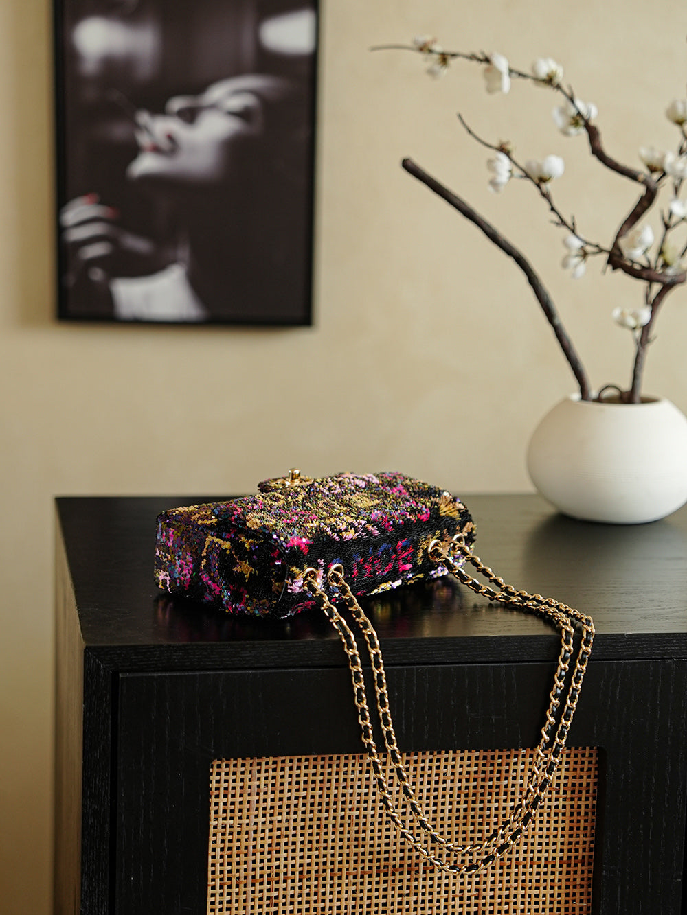 CC 2025 Flap Bag 21cm Black Mix Colors Sequin 308603