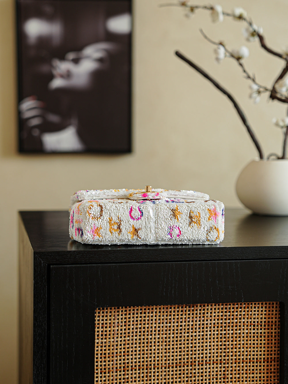 CC 2025 Flap Bag 21cm White Mix Colors Sequin 308604