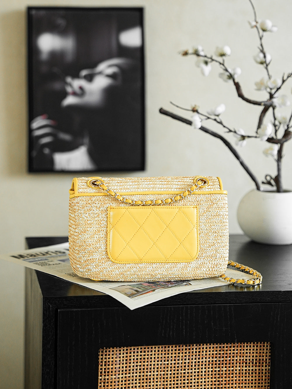 CC 25/26 Smal Flap Bag 23cm Beige Yellow Straw Lambskin