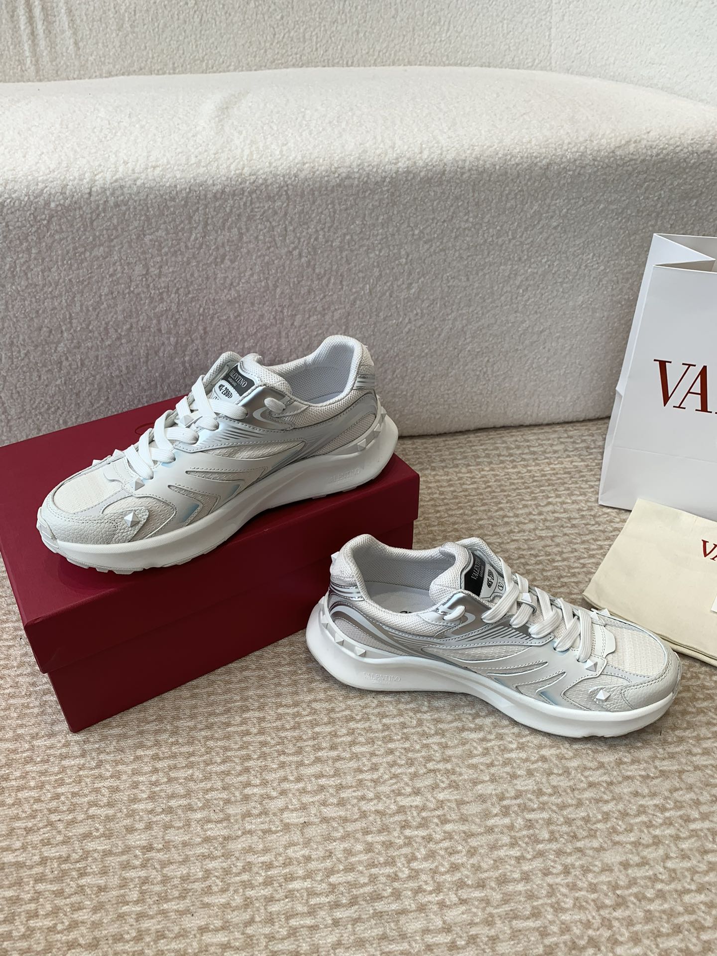 Valentino Sneaker 50mm In White Mix Grey Blue Mesh Fabric And Cowhide 814274