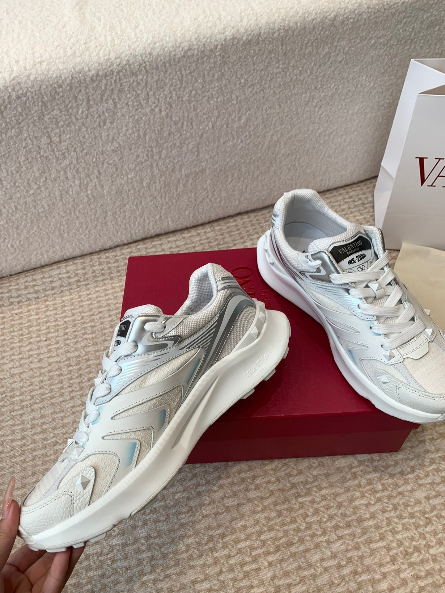 Valentino Sneaker 50mm In White Mix Grey Blue Mesh Fabric And Cowhide 814274