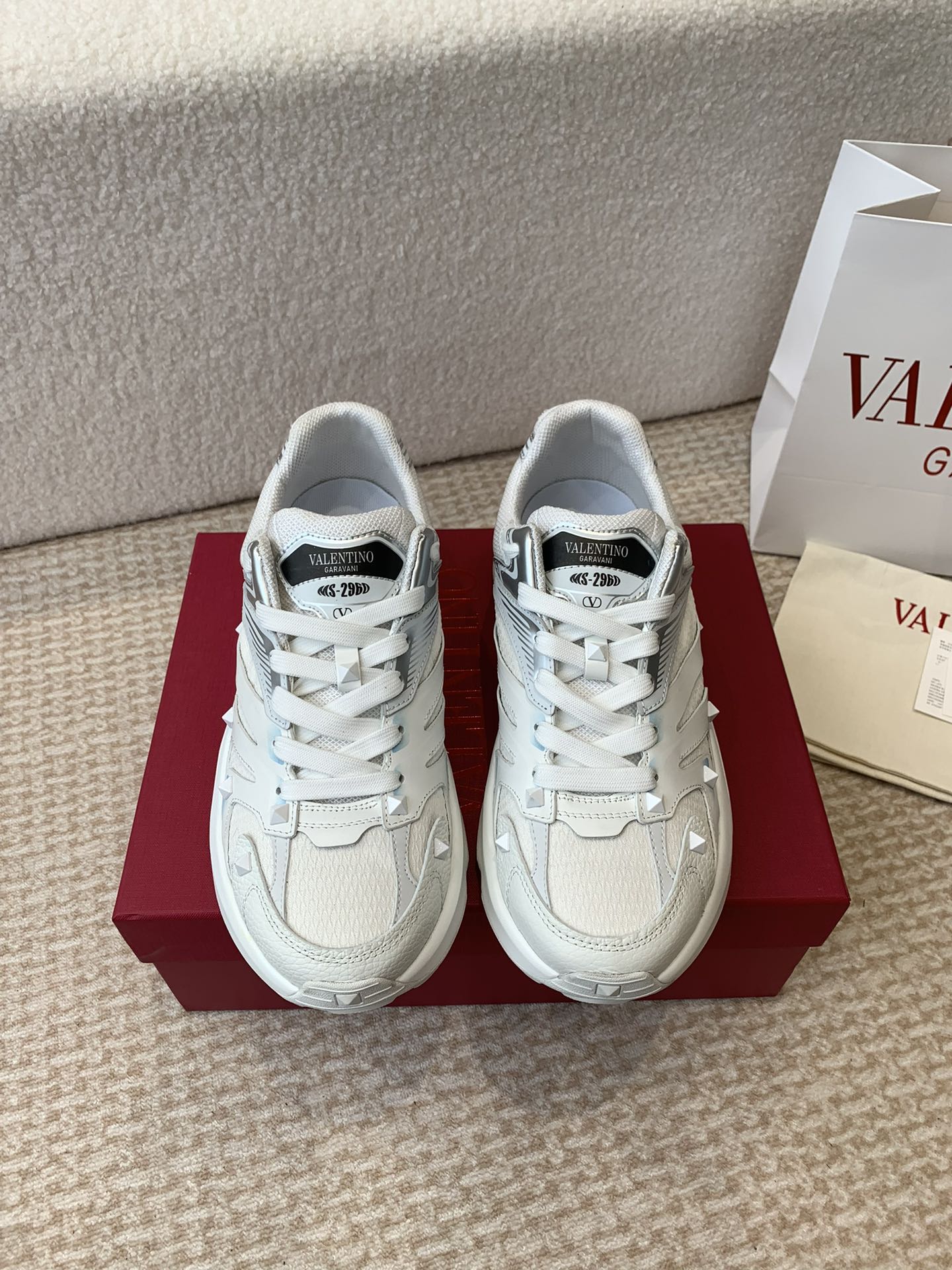 Valentino Sneaker 50mm In White Mix Grey Blue Mesh Fabric And Cowhide 814274