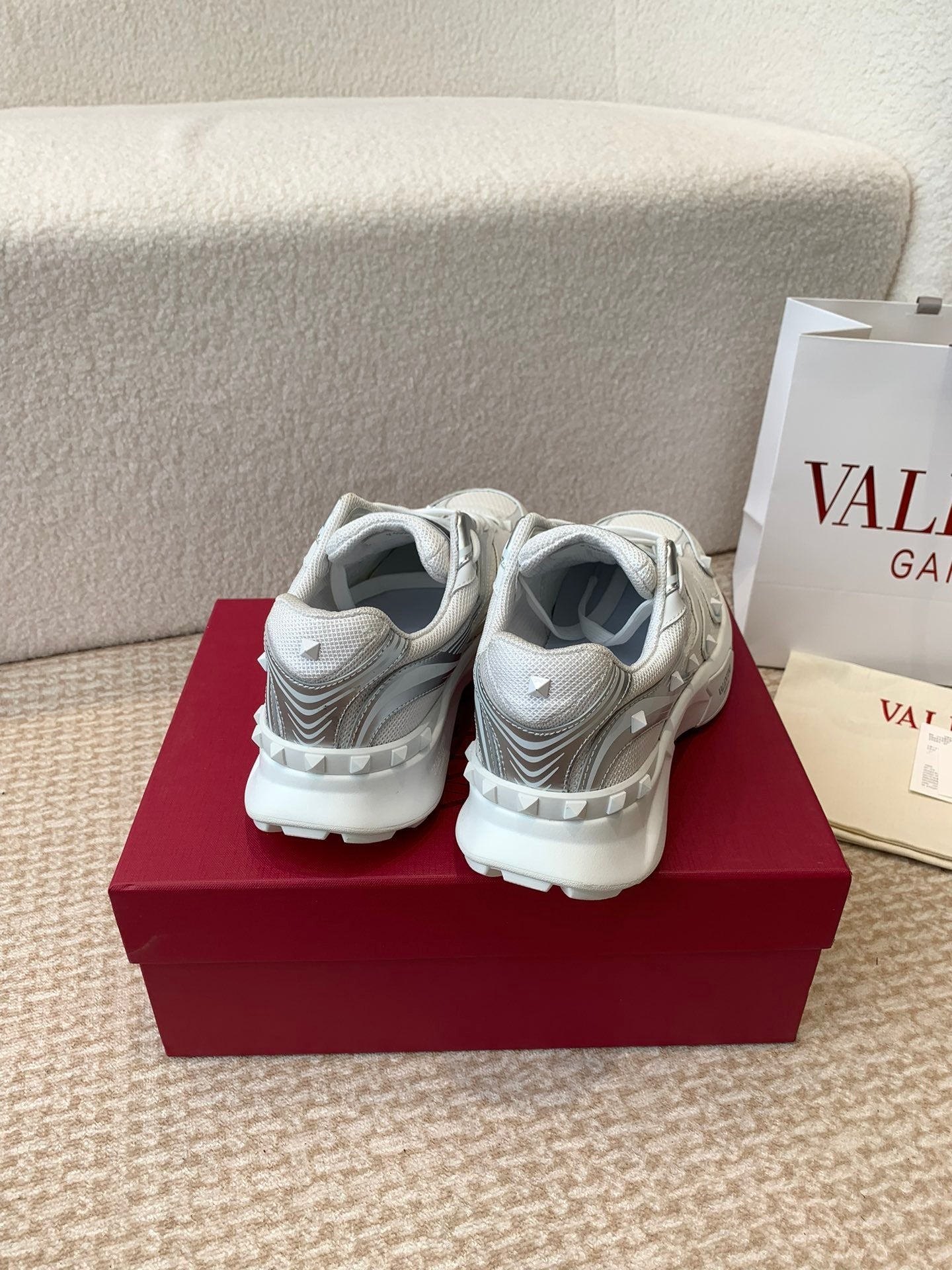 Valentino Sneaker 50mm In White Mix Grey Blue Mesh Fabric And Cowhide 814274
