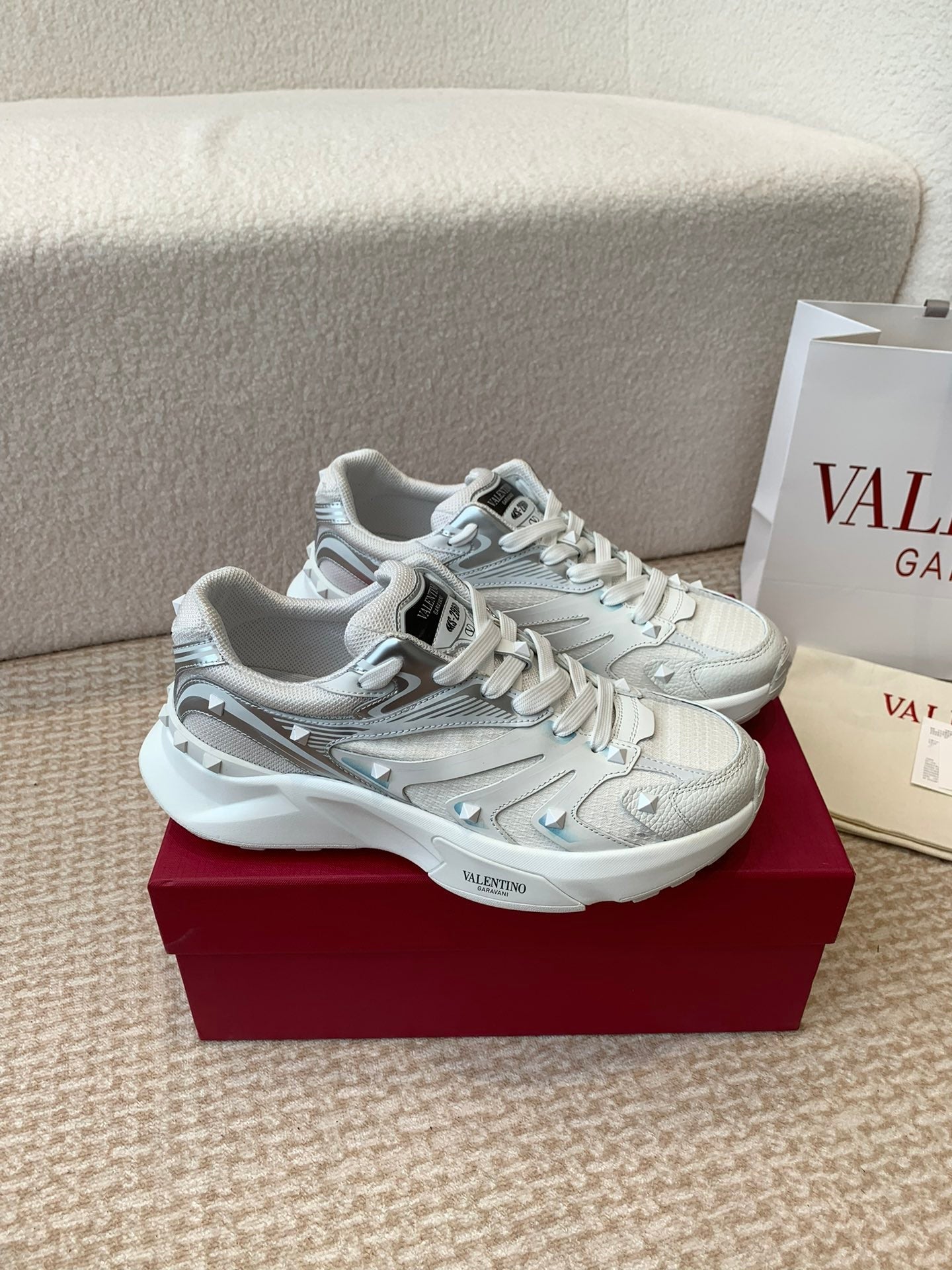 Valentino Sneaker 50mm In White Mix Grey Blue Mesh Fabric And Cowhide 814274