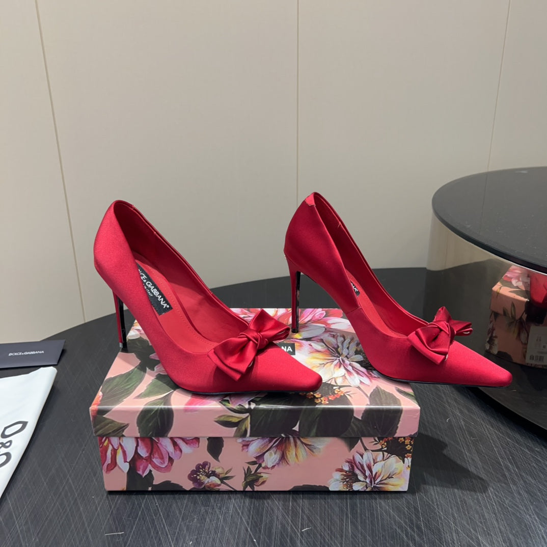 DC 25 Toe Bow High Heel Shoes 100mm Red Silk And Sheepskin 381610