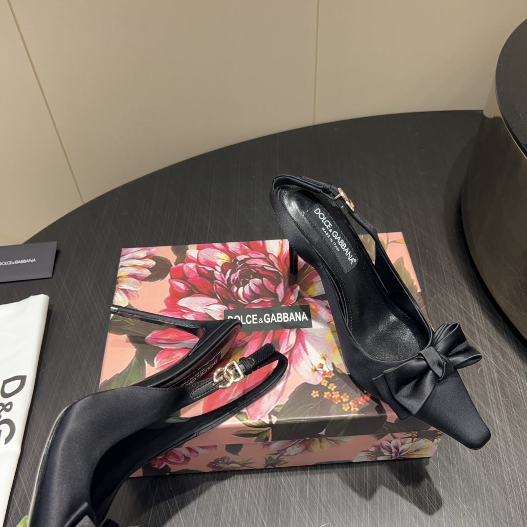 DC 25 Toe Bow Slingback Pumps 100mm Black Silk And Sheepskin 381612