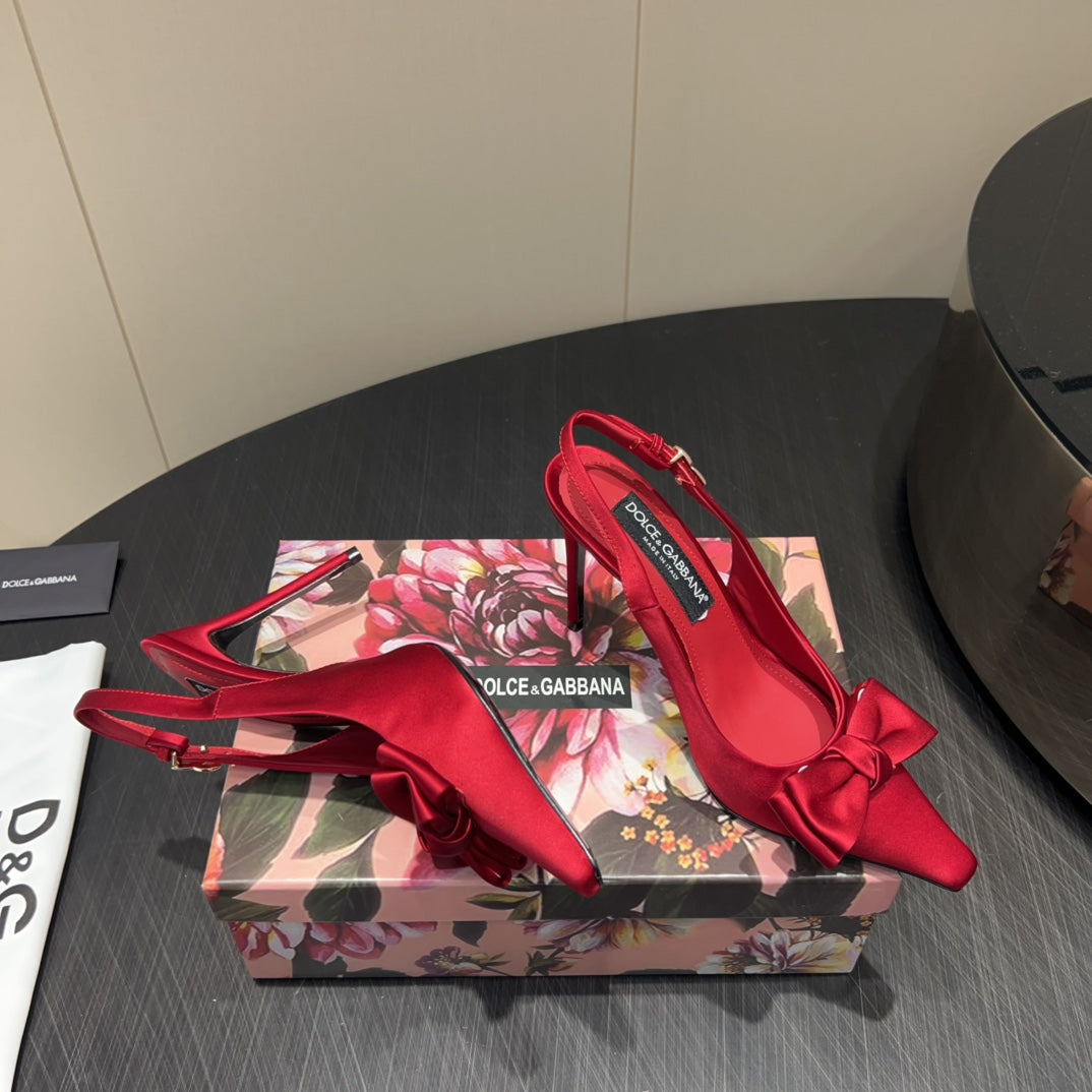 DC 25 Toe Bow High Heel Shoes 100mm Red Silk And Sheepskin 381613
