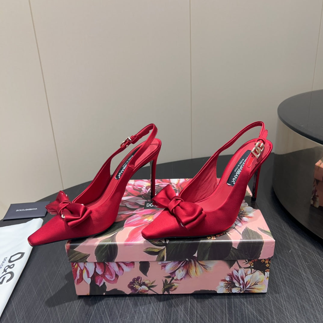 DC 25 Toe Bow High Heel Shoes 100mm Red Silk And Sheepskin 381613