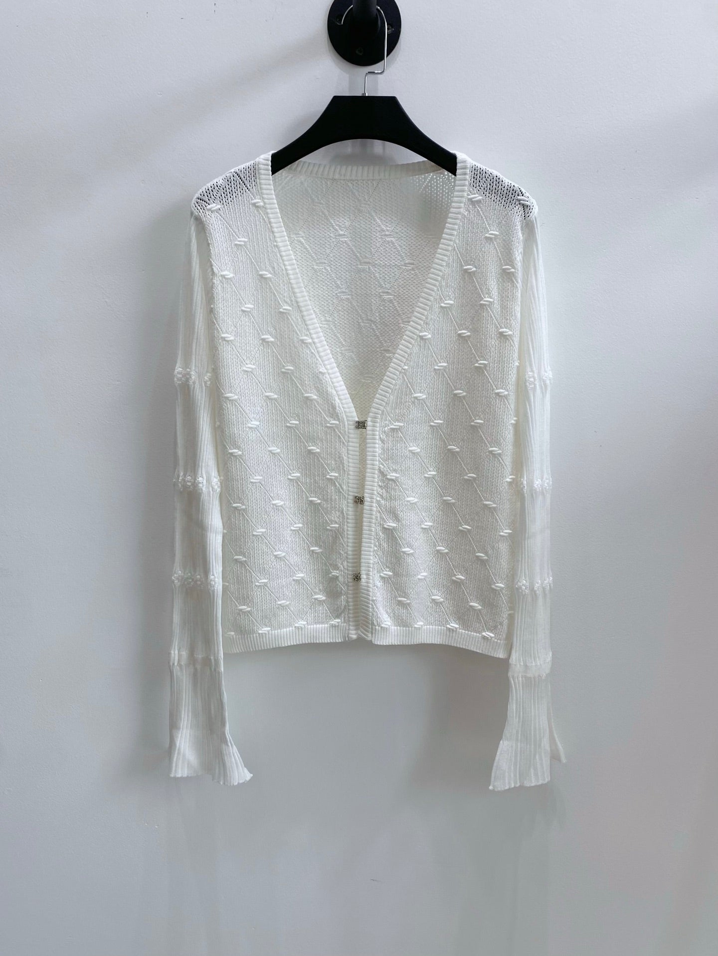 CC 26s V-Neck Textured Knit Cardigan White Cotton Viscose 423132