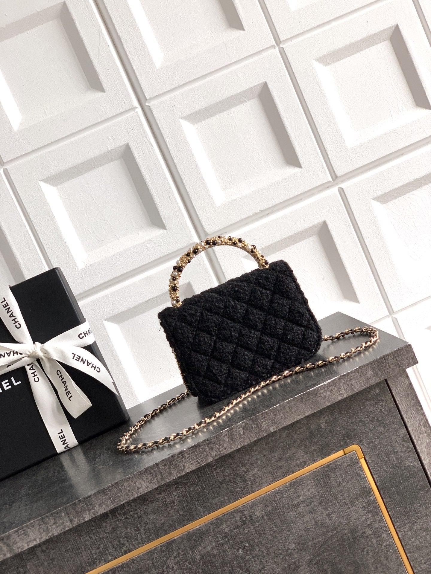 CC Mini Flap Bag 15 With Handle Black Tweed