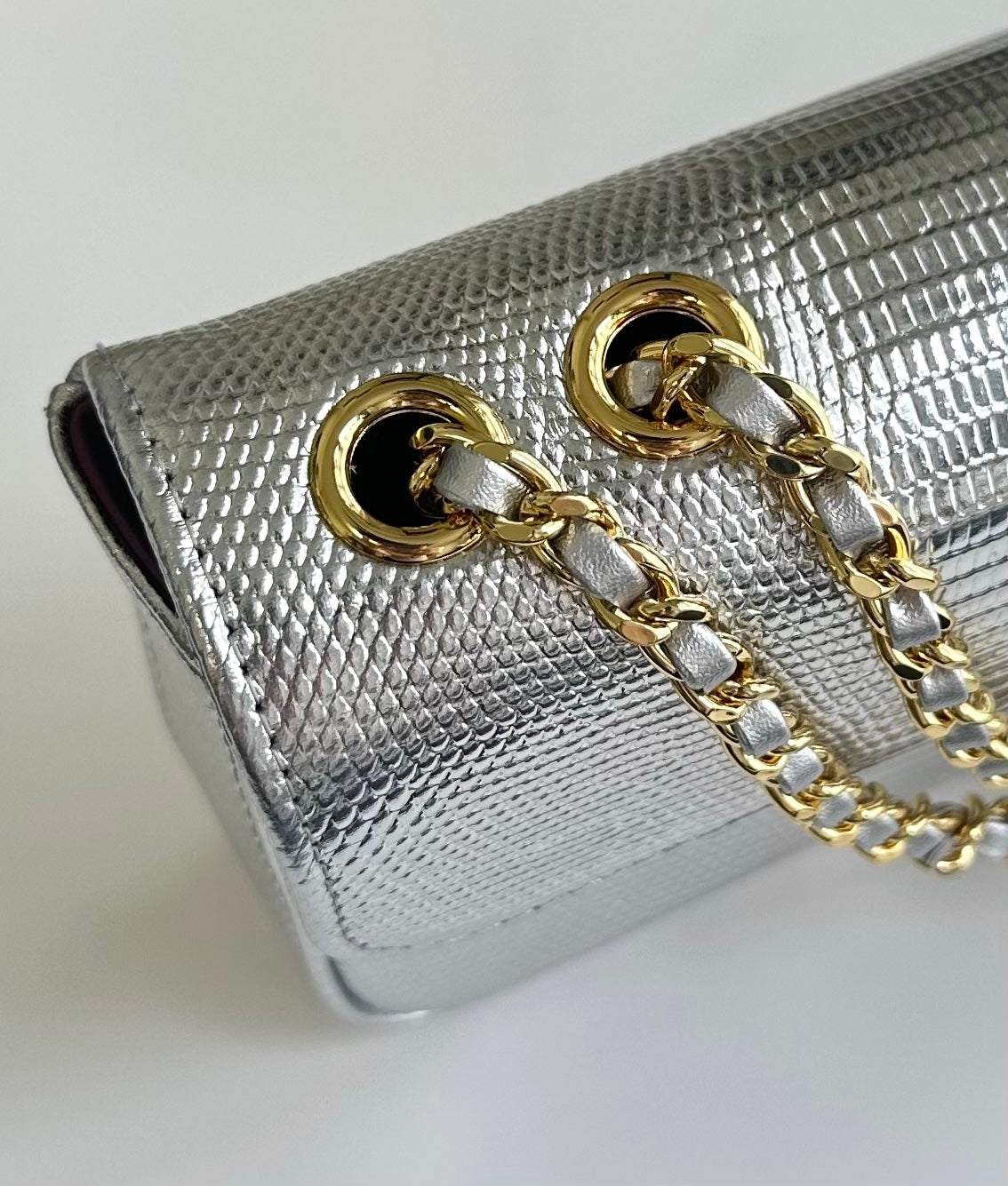 Chanel 2026 Pouch With Chain Strap 21.5cm Silver Metallic Lizard