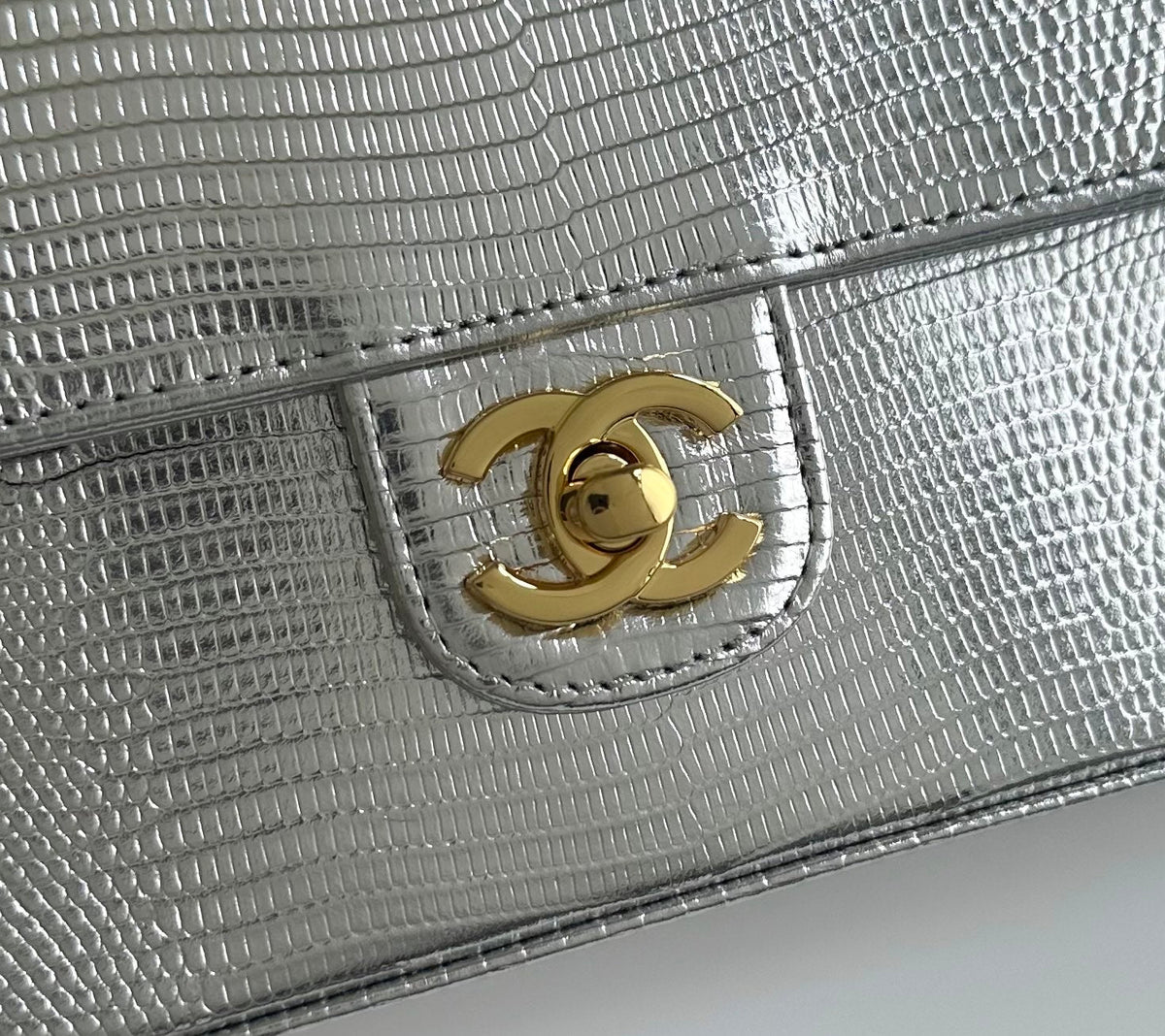 Chanel 2026 Pouch With Chain Strap 21.5cm Silver Metallic Lizard