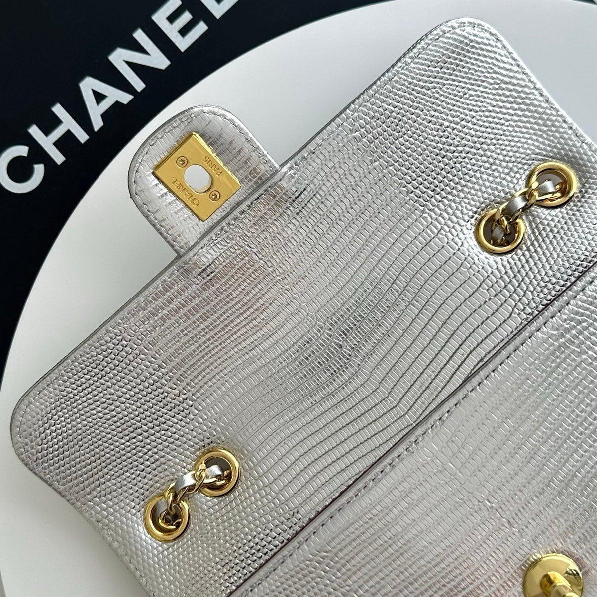 Chanel 2026 Pouch With Chain Strap 21.5cm Silver Metallic Lizard